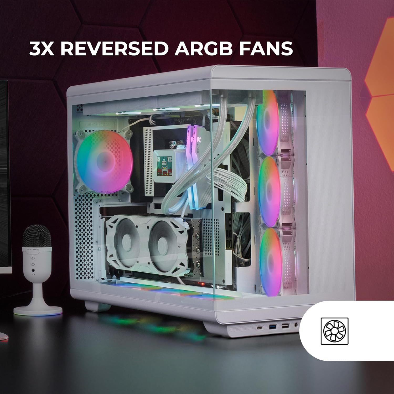 Mars Gaming MC-REV PC case interior with three reversed ARGB fans illuminated.
