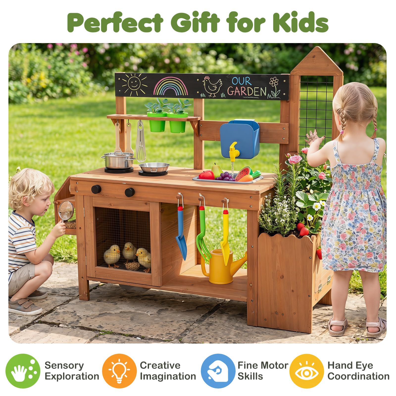 COSTWAY Matschküche Kinder Outdoor, Spielküche mit Wassertank & Wasserhahn | Kinderküche mit Spüle, Vogelkäfig, Pflanzkasten, Spalier, Blumentöpfen, Gartenspielzeug & Kochzubehör, Gartenspielküche