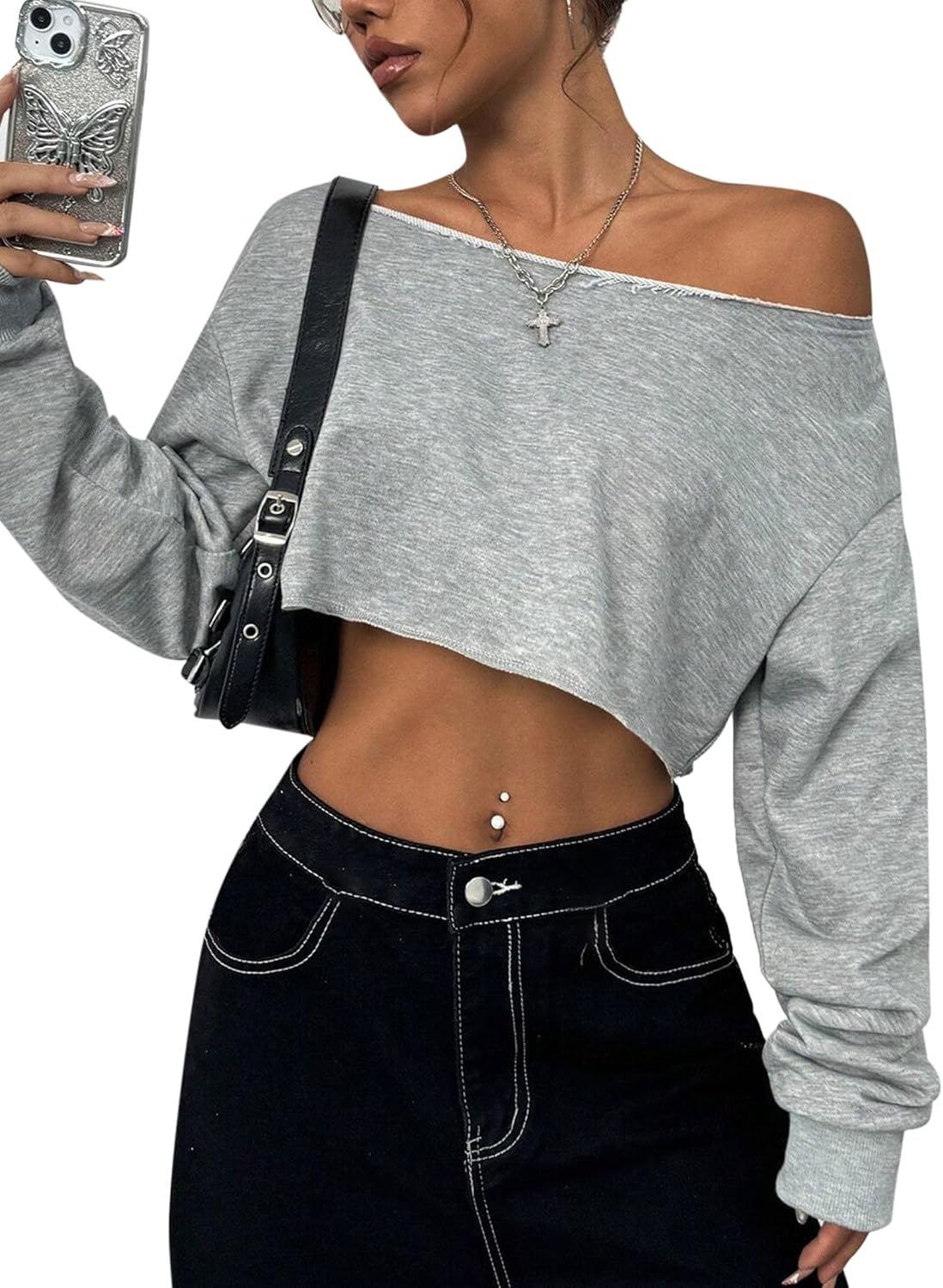 Remidoo Women's Off the Shoulder Cropped Sweatshirt Asymmetrical Neck Long Sleeve Crop Tops - Image 2