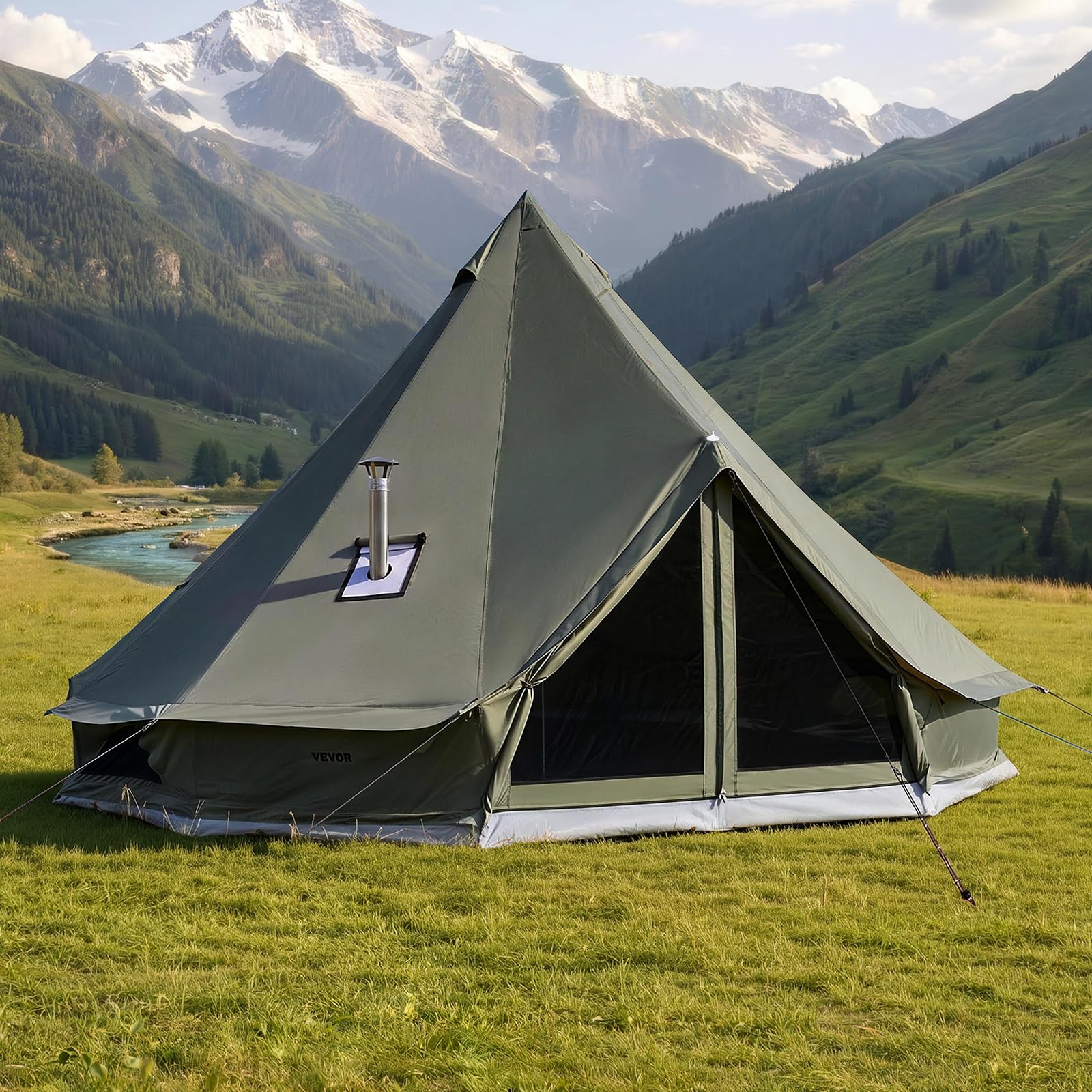 VEVOR Tenda a Campana in Tela 4 Stagioni 4 m per Campeggio, Tenda a Yurta con Presa per Stufa, Tela Traspirante, Max 4 Persone, con Pavimento Staccabile e Cerniera, per Gite Escursioni Vacanze Gruppo