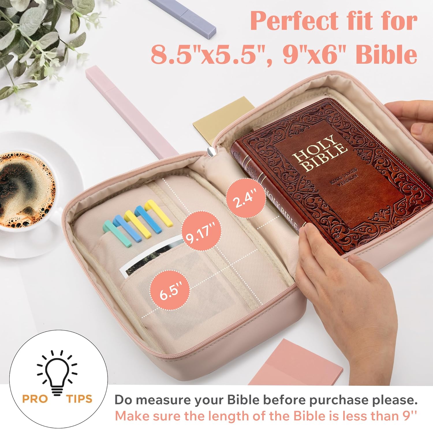 Small Bible Cover Case for Women and Men, 9x6 PU Leather Bible Sleeve, Compact Travel Bible Carrier Bag with Front Pen Holders, Zipper Closure, Inner Pockets - Beige - Image 2