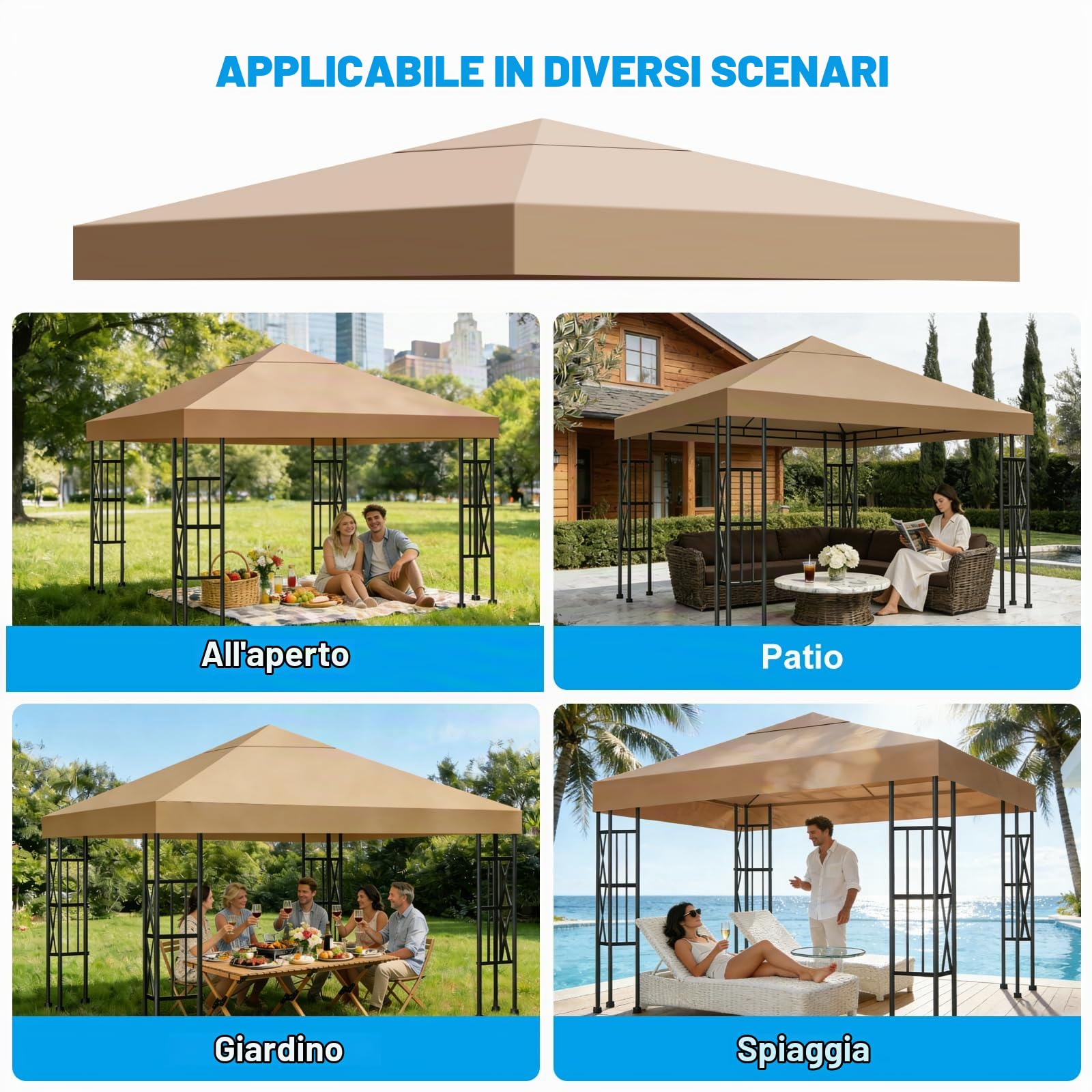 Telo di Ricambio per Gazebo 3x3m, Impermeabile e Anti-UV 300D, Copertura Rimovibile per Pergola con Fascette in Velcro Rinforzate, Ideale per Giardino, Terrazza, Campeggio e Spiaggia,Cachi