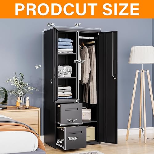 Miniatura 3 de Armario de almacenamiento de metal, armario de 67 pulgadas con barra de ropa, armario independiente con cerradura para oficina, hogar, escuela,