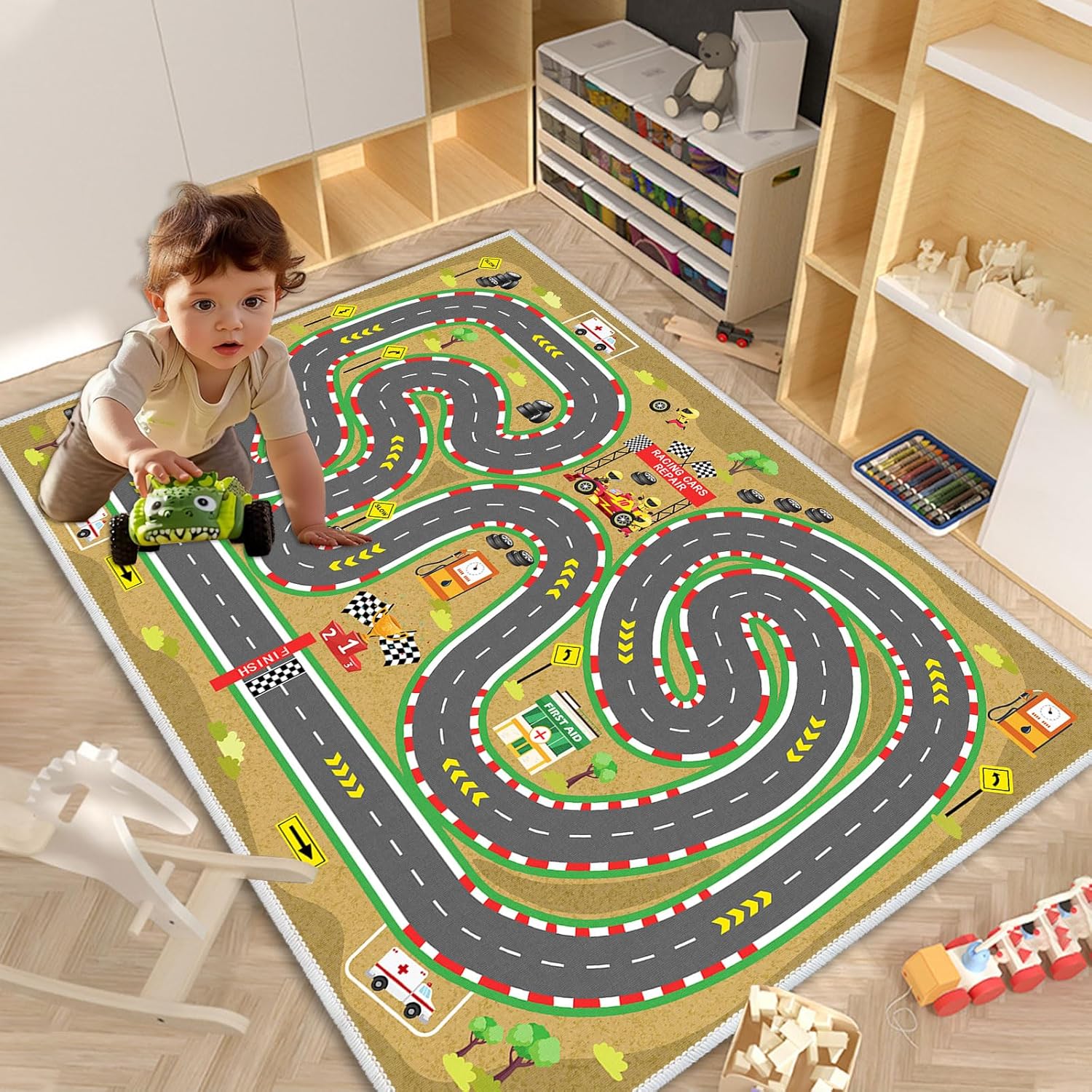 Kids Car Rug, Race Track Playmat Rugs for Cars, Road Traffic Carpet for Playroom, Fun City Life Map Toy Play Mat for Bedroom Boys(Desert Mirage Track,3.3×4.9ft/39×59in)