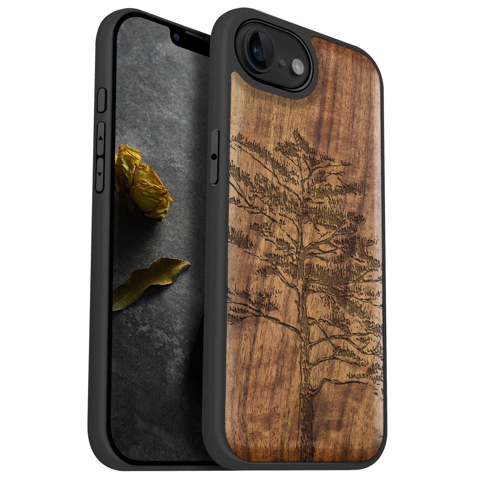 Carveit Magnetic Wooden Case for iPhone 16e / 17e, Solid Wood & Black TPU, Artisan Engraved Design, Shockproof Cover, Compatible with MagSafe Wireless