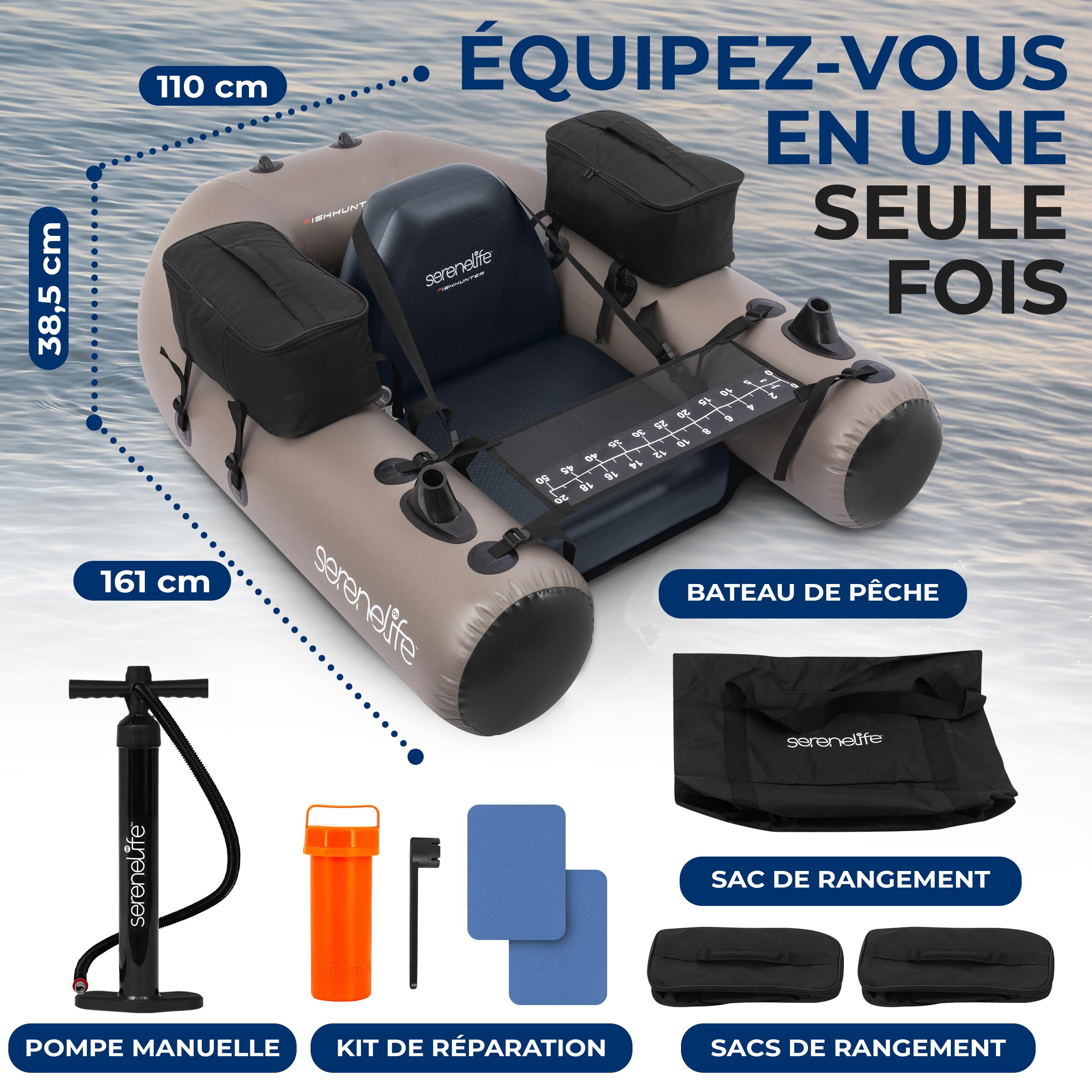 SereneLife Float Tube de Pêche, Belly Boat PVC Laminé, Bateau de Pêche Gonflable Charge 100 kg, Siège avec Dossier, Porte-Cannes, 2 Poches Étanches, Pompe et Sac