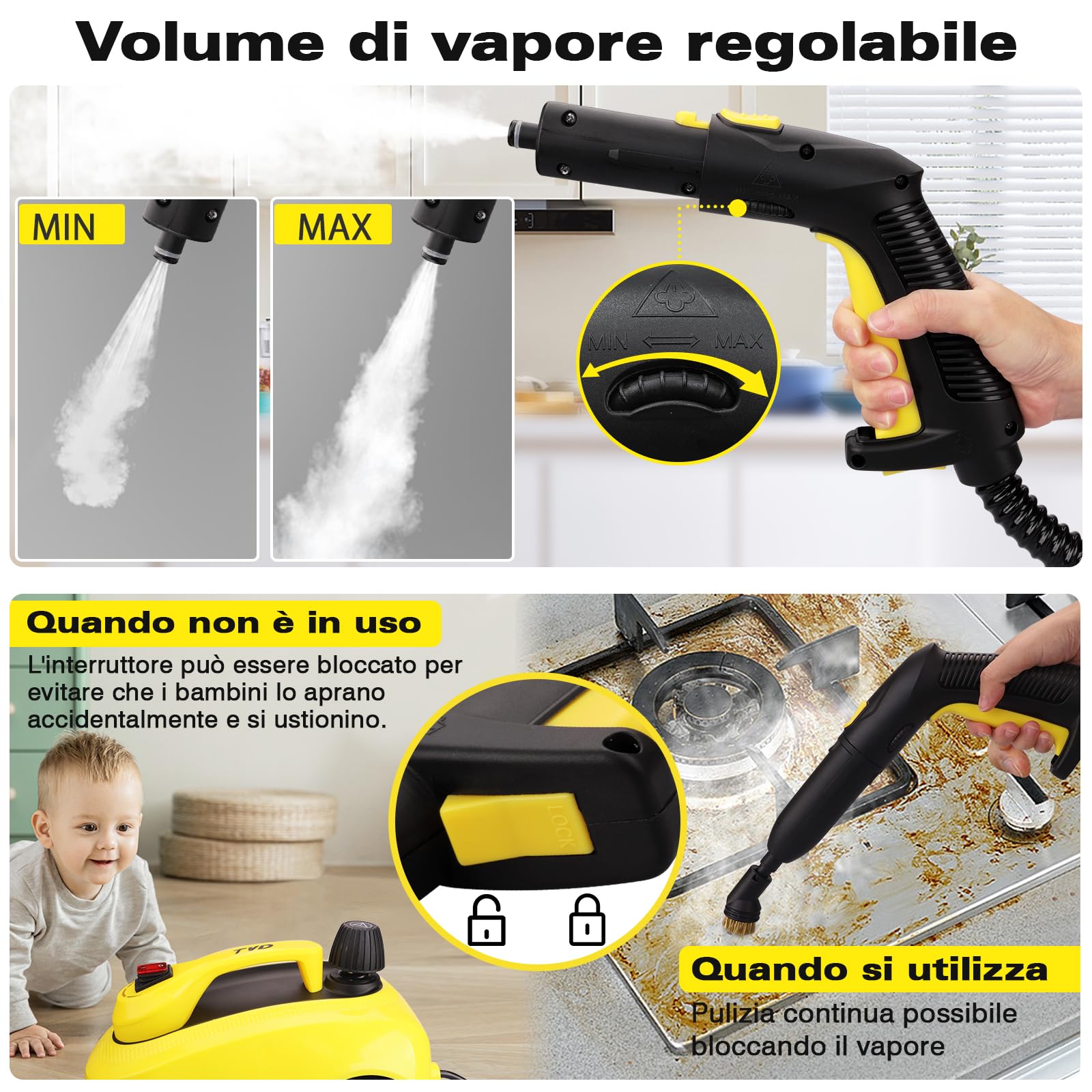 TVD Pulitore a vapore, pulitore a vapore multiuso, pulitore a vapore con cavo di alimentazione extra lungo 5 m, per la rimozione di carta da parati, forno, tappeti, divano, tappezzeria, cimici