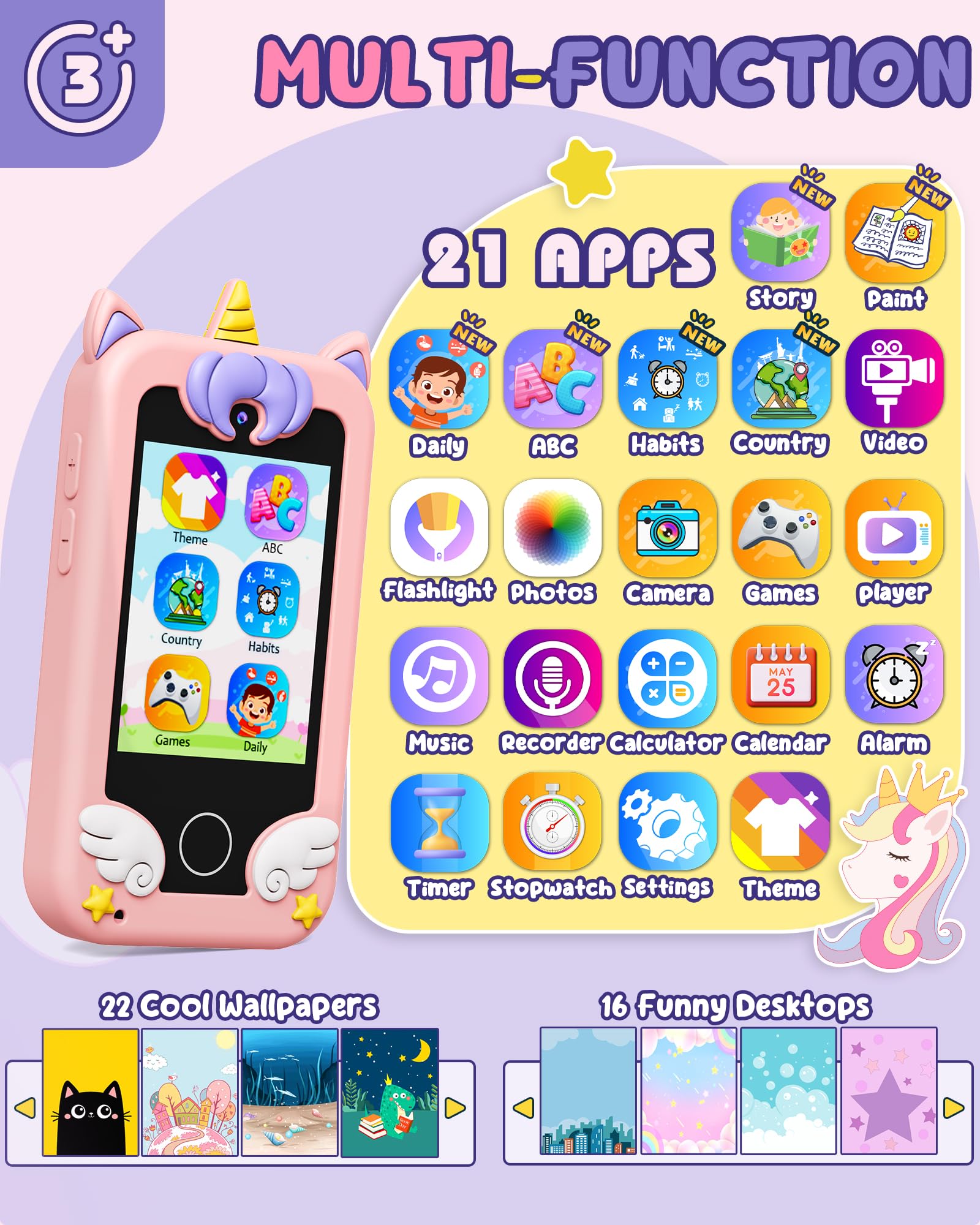 Teléfono Infantil 2 En 1 Con Microscopio 500x, Cámara Con 22 Pegatinas, 11 Juegos, 32 GB – Para Niños 3-8 Años