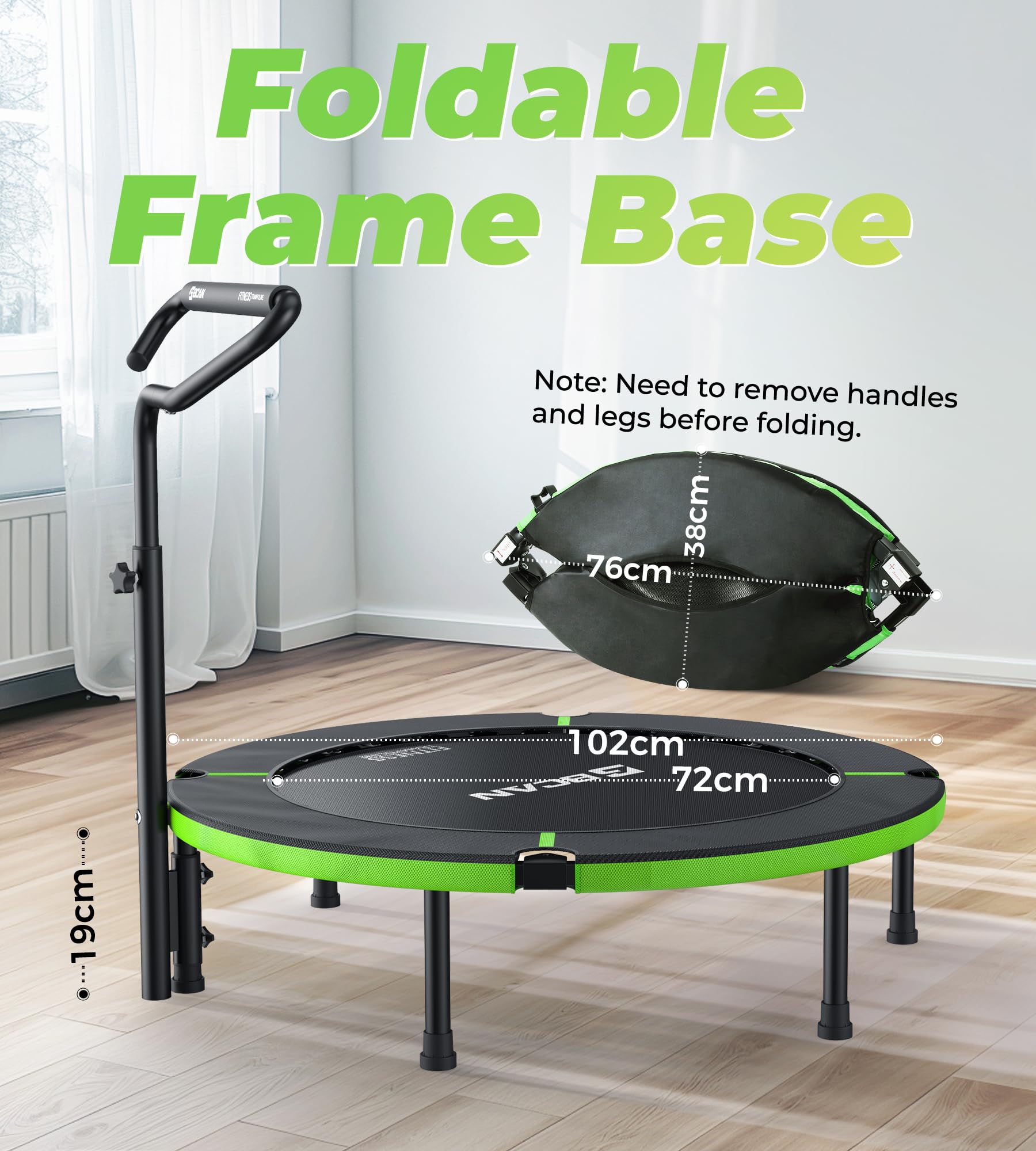 Trampolina wewnętrzna BCAN, mini trampolina fitness o długości 102 cm, składana, dla dorosłych z regulowanym uchwytem, maksymalne obciążenie 150 kg, idealna do ćwiczeń w domu i treningów