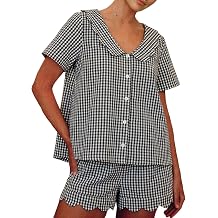 Yimoon Womens Gingham Pajama Set Plaid Short Sleeve Babydoll Top and Shorts Summer Cotton Sleepwear Lounge Set