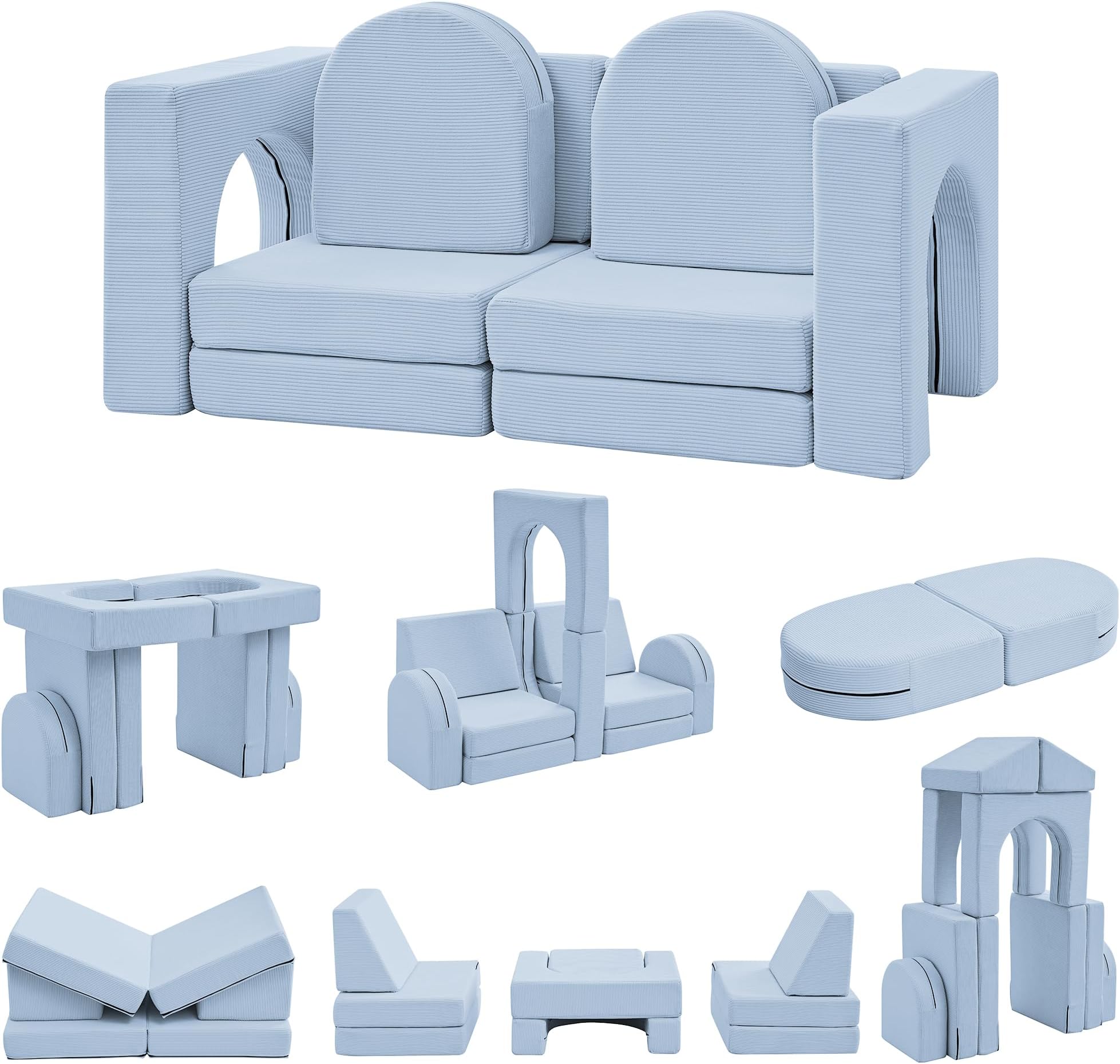 wanan Kids Couch 10PCS, Toddler Couch with Modular Kids Couches for Playroom Bedroom, 10 in 1 Multifunctional Toddler Couches for Playing, Indoor Kid Sofa for Boys Girls (Corduroy Haze Blue)
