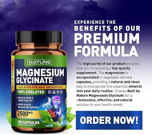 Miniatura 8 de Glicinato de magnesio 2500 mg - Suplemento de magnesio quelado de alta absorción - Glicinato de magnesio 100% puro - Estrés, sueño, corazón, apoyo