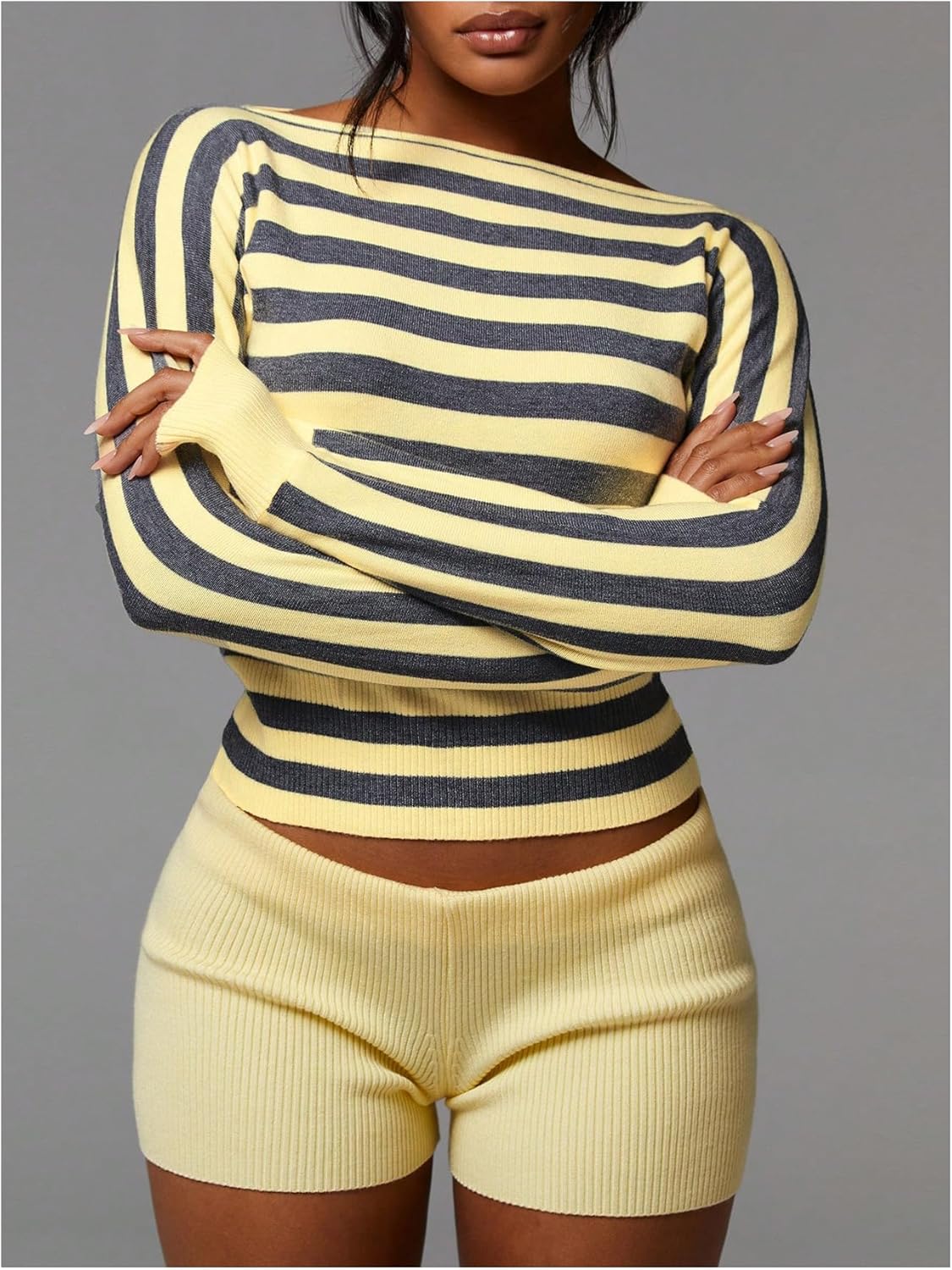 SOLY HUX Women's 2 Piece Outfits Striped Long Sleeve Knit Sweater Tops and Mini Shorts Matching Set - Image 3