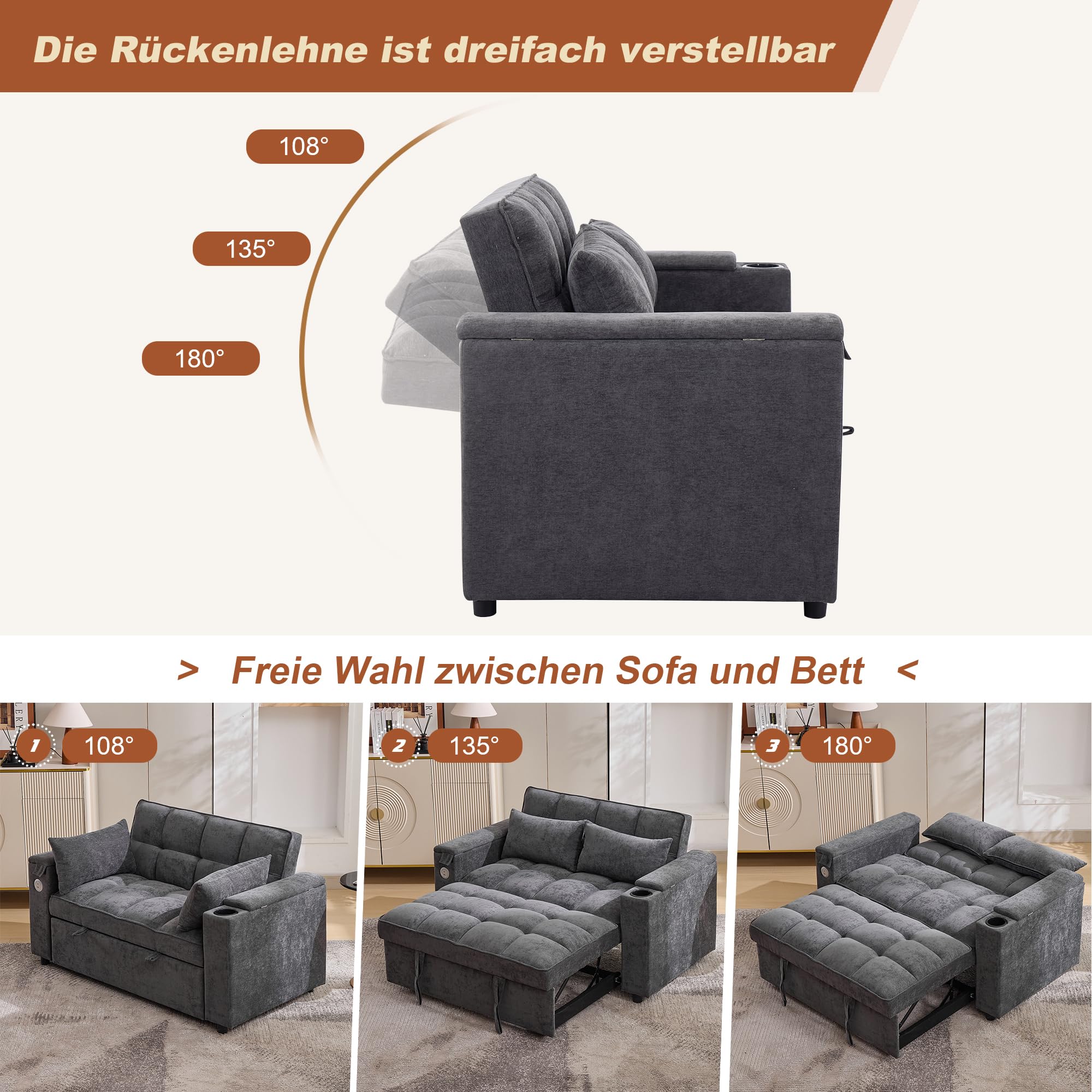 Merax Schlafsofa 3-in-1 Ausziehsofa 140x74x82 cm, 2-Sitzer Sofa mit Schlaffunktion, verstellbare Rückenlehne, USB & Typ-C, Daybed mit Getränkehalter und Stauraum, Ausziehbares Loungesofa Grau