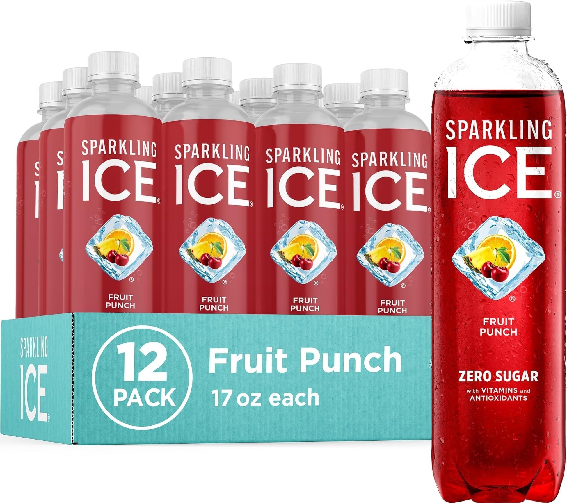 Fruit Punch Sparkling Water, Zero Sugar Flavored Water, with Vitamins and Antioxidants, Low Calorie Beverage, 17 fl oz Bottles (Pack of 12)