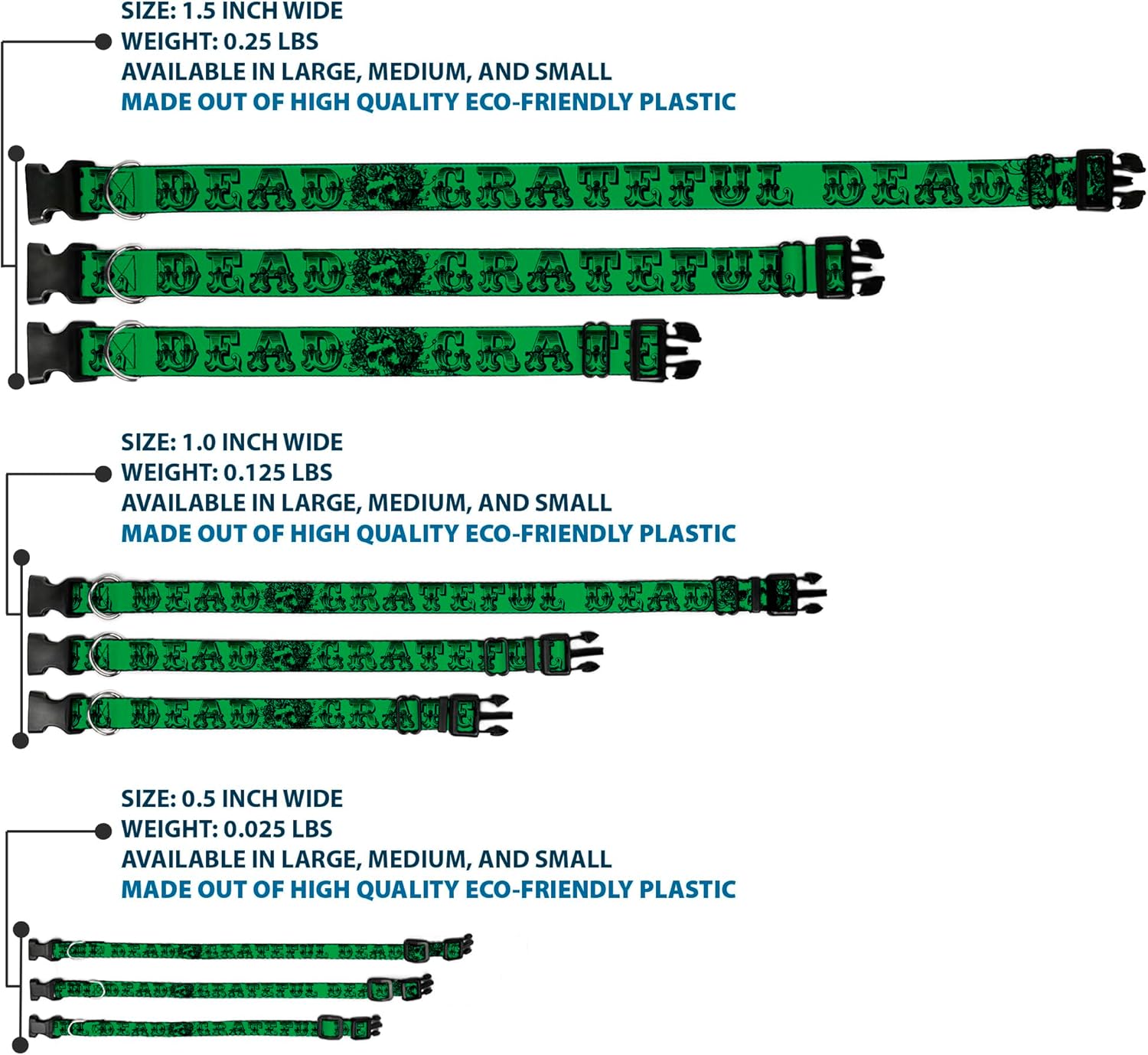 Dog Collar Plastic Clip Grateful Dead Text Skull Roses Green 18 to 32 Inches 1.5 Inch Wide