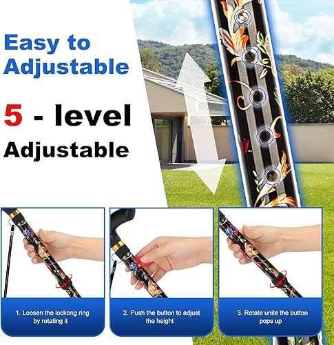 Miniatura 7 de MFE Bastón plegable, portátil de 5 niveles de altura ajustable con diseño plegable, correa de muñeca y mango en T para hombres y mujeres Negro