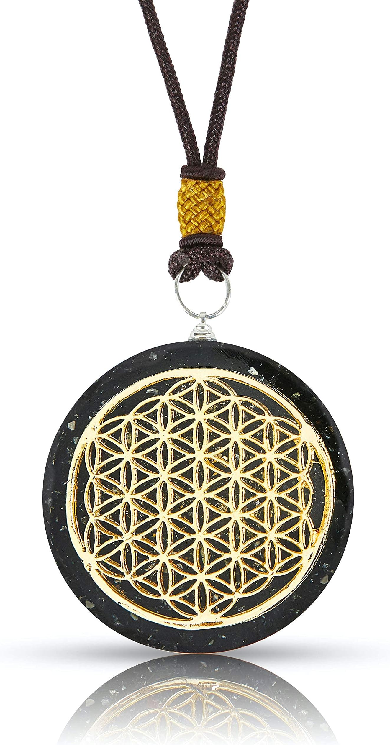 Black Tourmaline Necklace | Crystal Orgone Pendant | Flower of Life Design | Spiritual Reiki Pendant | Copper SBB Coil | 5 cm Diameter with Adjustable Neck Cord (Black Box)