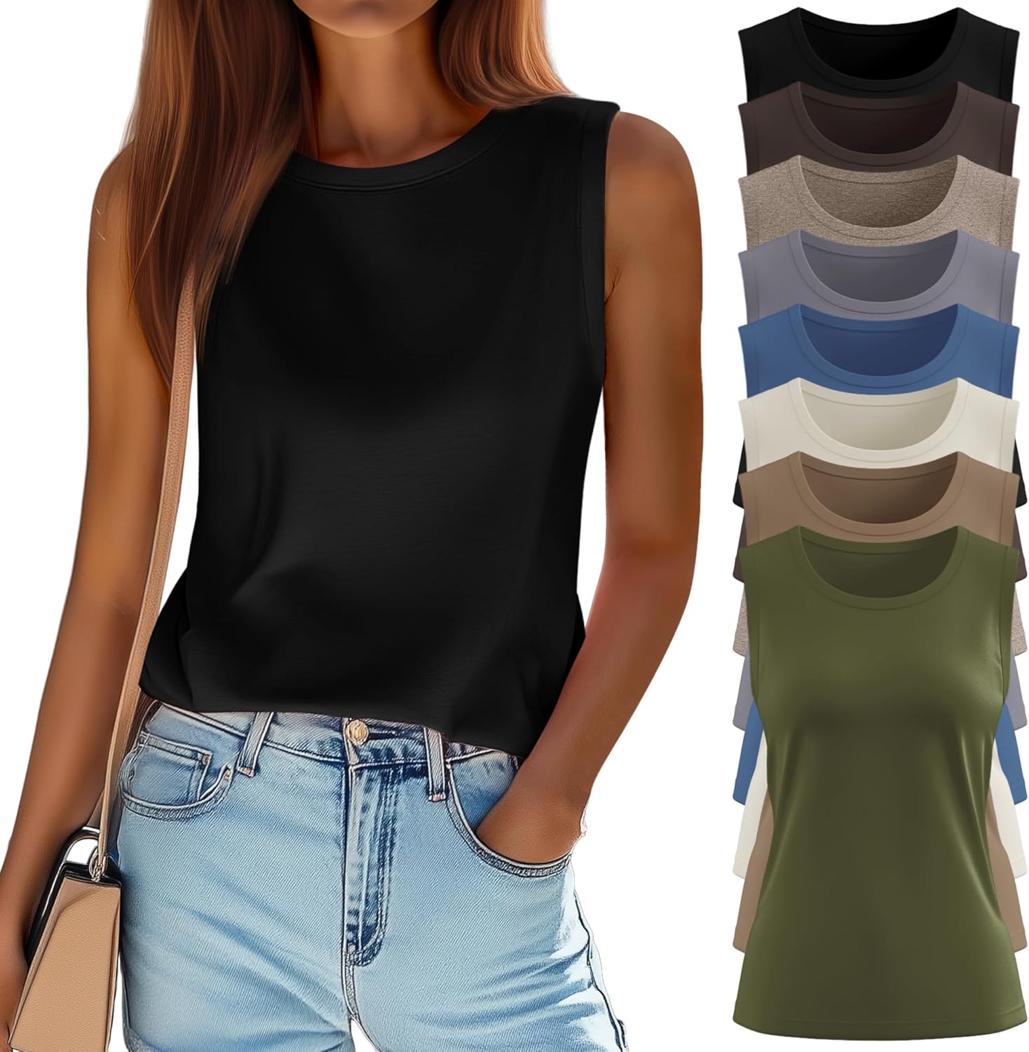 Ficerd 8 Pack Women’s Sleeveless Tops, Crew Neck Loose Fit Tank Tops Basic Summer Trendy Shirts Casual Fashion T Shirts
