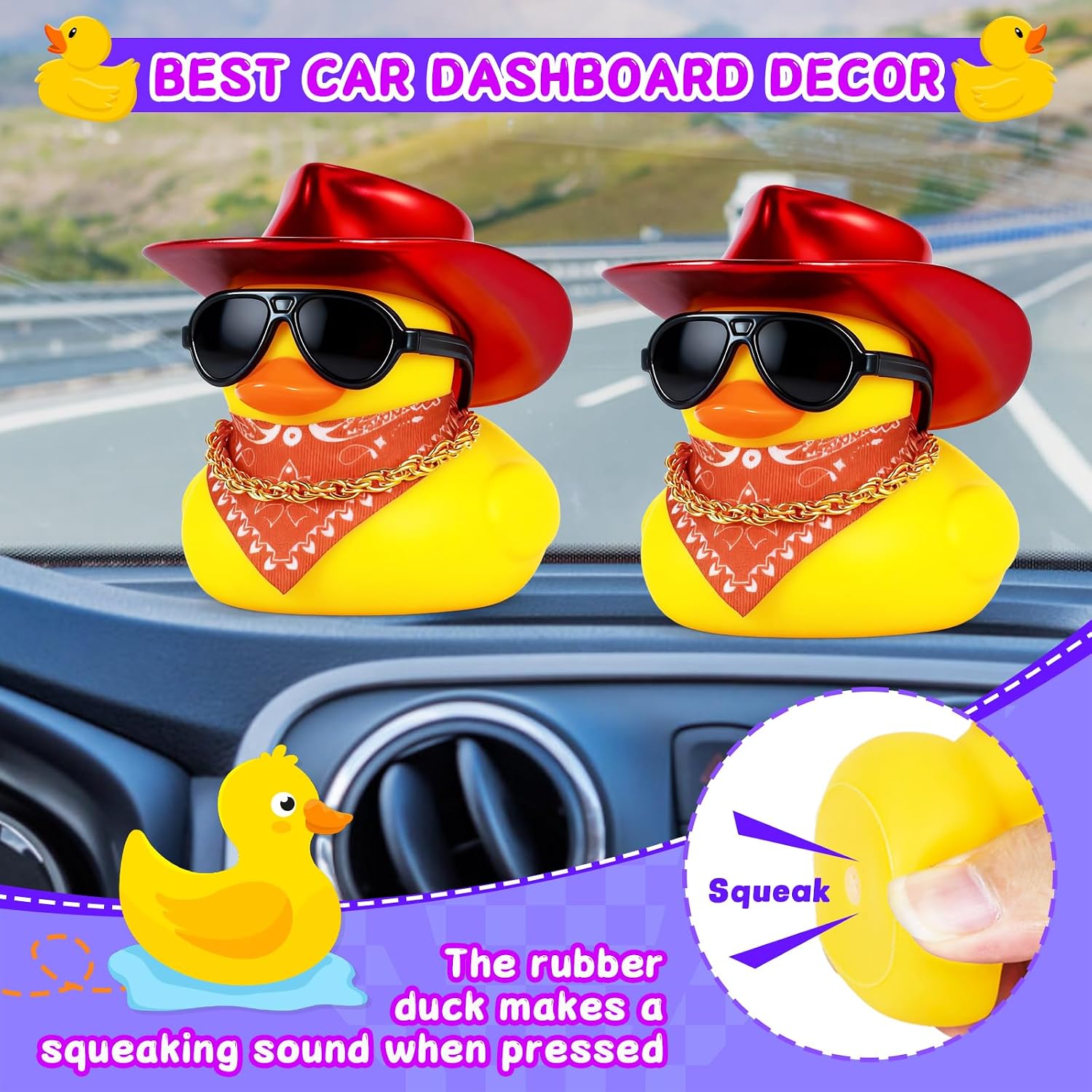 Cowboy Rubber Duck Decor with Red Hat, Sunglasses, Bandana & Gold Necklace - Adhesive Pads for Car Dashboard, Desk, Gifts - Premium Rubber Figure