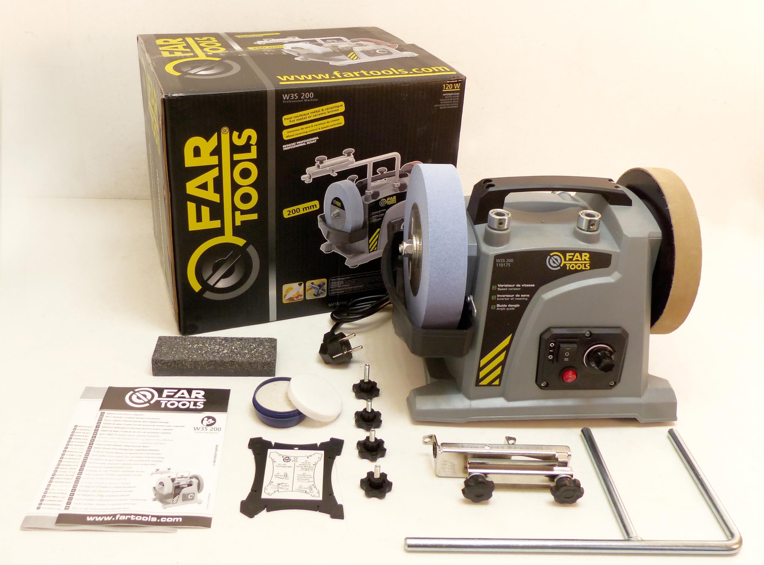 Fartools Affûteur à eau 120W Ø200mm Vitesse variable 30à150tr/min, inverseur de sens, couple réglable, poignée de transport, livré avec pate à graisser, pierre à polir et rapporteur d'angles