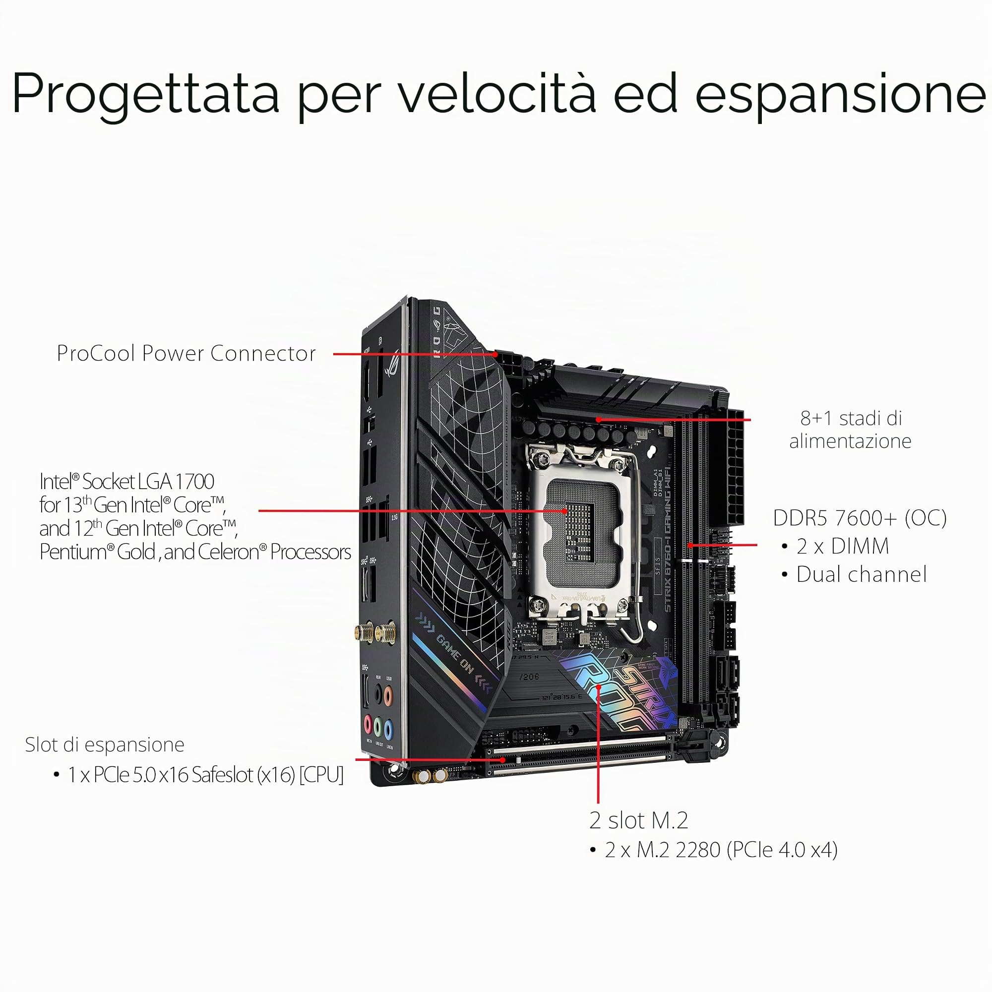 ASUS ROG STRIX B760-I GAMING WIFI - Motherboard - Mini-ITX - LGA1700-Sockel - B760 Chipsatz - USB 3,2 Gen 1, USB-C 3,2 Gen 1, USB-C 3,2 Gen 2x2, USB-C 3,2 Gen2 - 2,5 Gigabit LAN, Wi-Fi 6E, Bluetooth