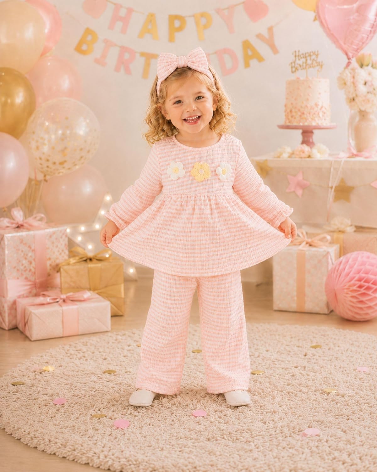 Renotemy Baby Girl Clothes Toddler Girl Fall Winter Outfits Ruffle Long Sleeve Top Wide Leg Pants With Headband Kids Clothing
