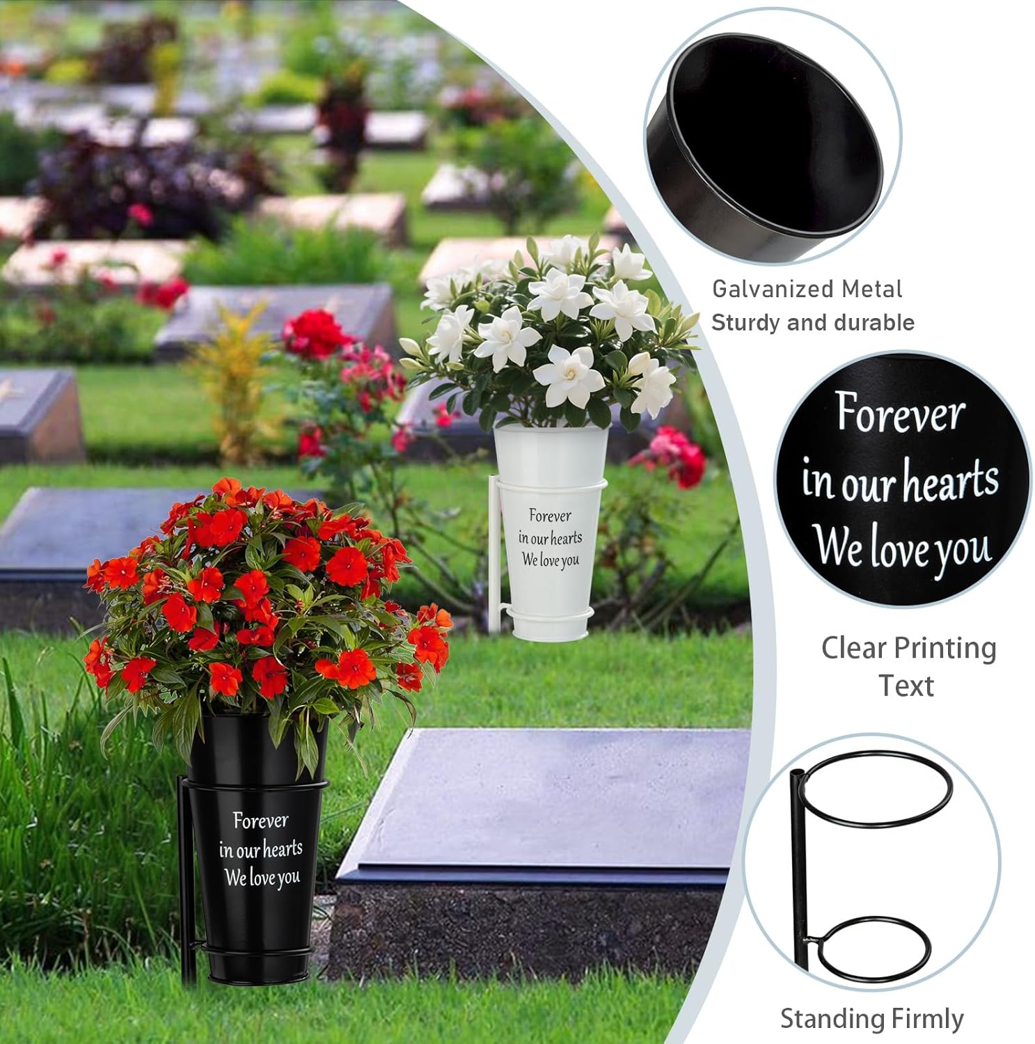 Cemetery Vases with Spikes, Metal Grave Flowers Holder with Draining Holes for Artificial Memorial Flowers Funeral Gravesite Headstone Decorations (4Pcs), Flowers are not Included