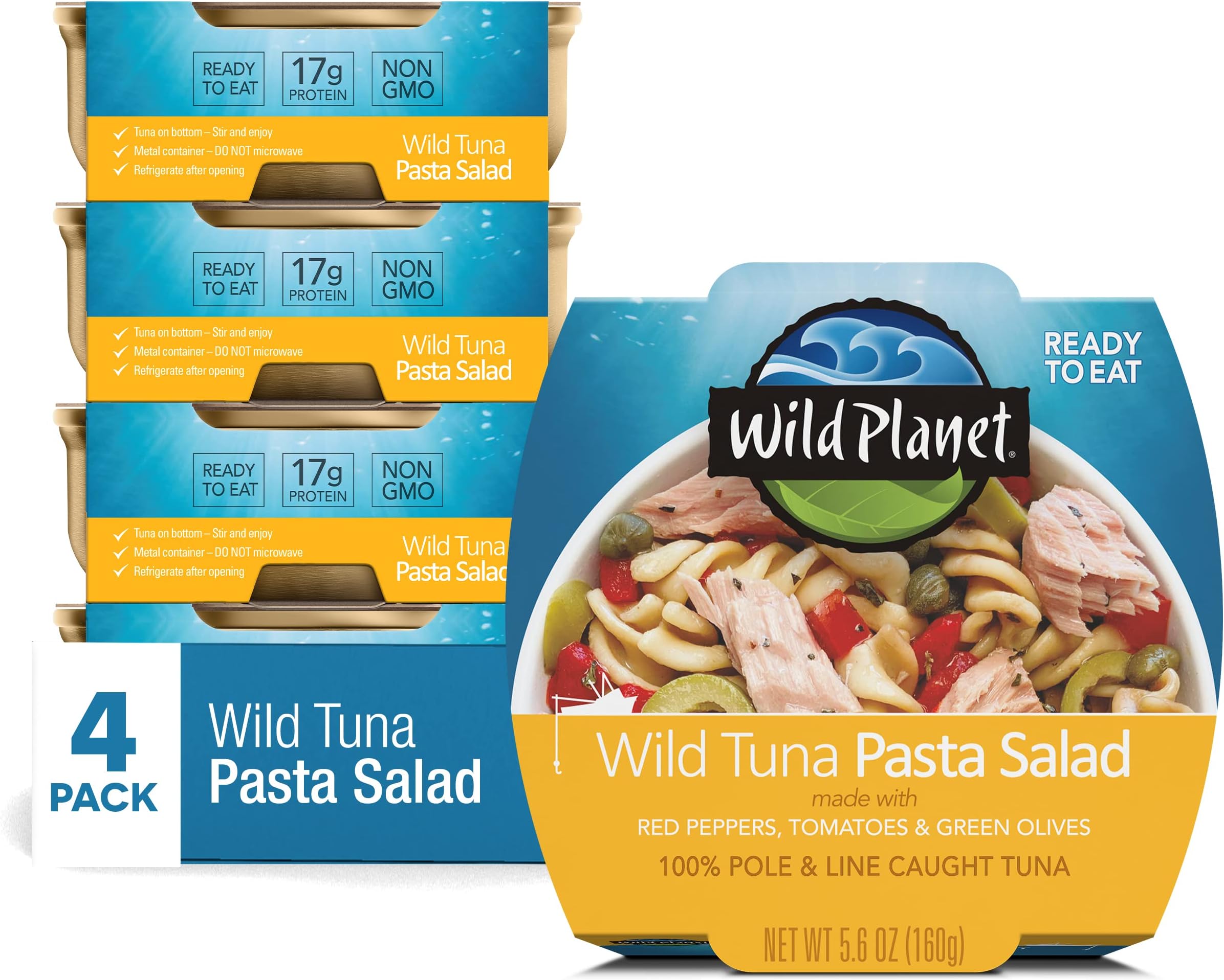 Wild Planet Ready-To-Eat Wild Tuna Pasta Salad With Organic Red Peppers, Tomatoes & Green Olives, Tuna Salad, 5.6oz, Pack Of 4