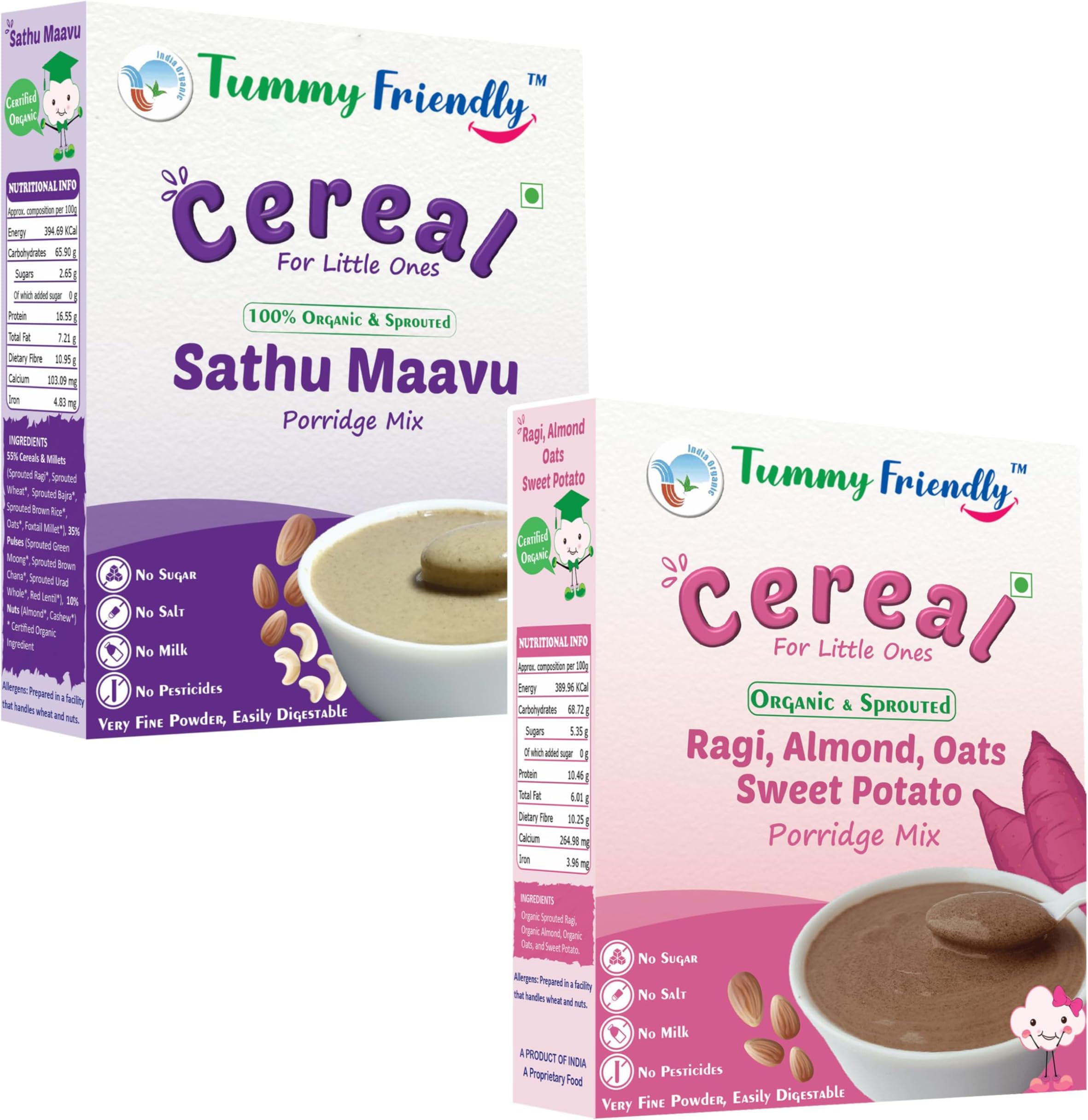 TummyFriendly Foods Certified Organic Sprouted Sathu Maavu Porridge Mix. Made of Sprouted Ragi, Whole Grains, Pulses & Nuts. Organic Baby Food For 8+ Months Baby. Shelf-life 9 month-200g (Sathu, Ragi)