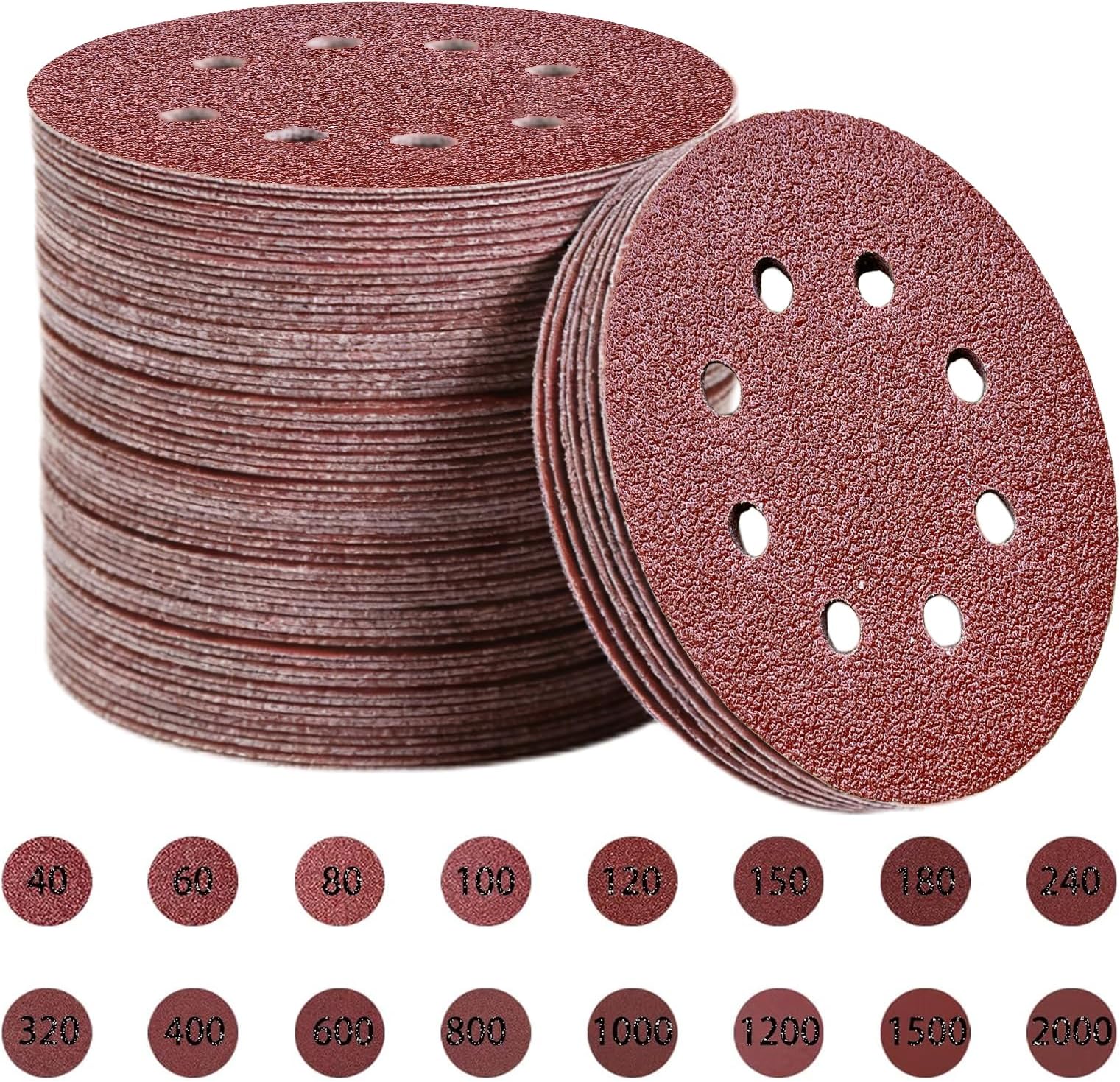 200pcs 125mm Sanding Discs, 8-Hole Dustless Hook & Loop sand paper, 40-2000 Multi-Grit Professional Abrasive Discs for Orbital Sander, Woodworking and Auto Body Refinishing