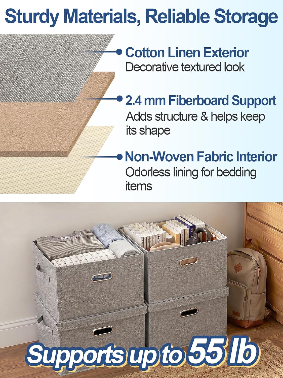 MADHOLLY 4 Pack Stackable Sturdy Dorm Room Storage Bins with Lids - 27qt Easy to Assemble Collapsible Fabric Cube Storage Boxes with Handles, Under Bed/Closet Organizers, Gray