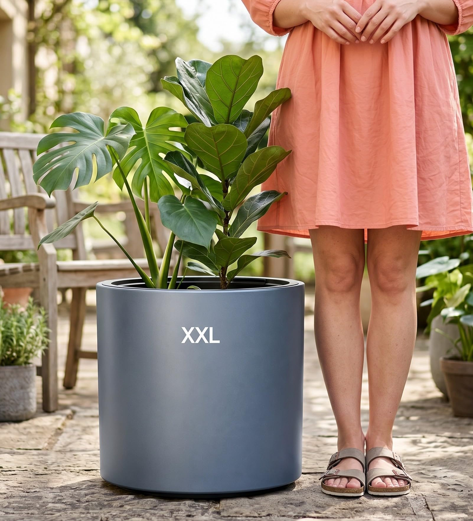 MELTOM Pot de fleurs avec insert et système d'irrigation, rond et moderne, résistant au gel et aux UV, en plastique, pour l'intérieur et l'extérieur, anthracite, taille XXL