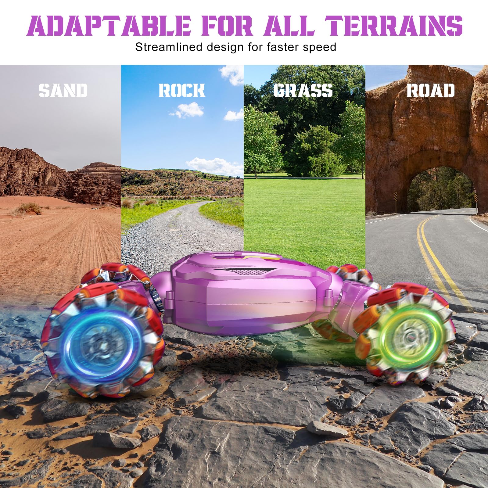 Gesture Sensing RC Stunt Car, Boys Girls Ages 6-12 Birthday Gift Ideas, 4WD Transform Off Road for Rotating Hand-Controlled 2.4Ghz Remote Control Twist Cars with Lights and Music Purple