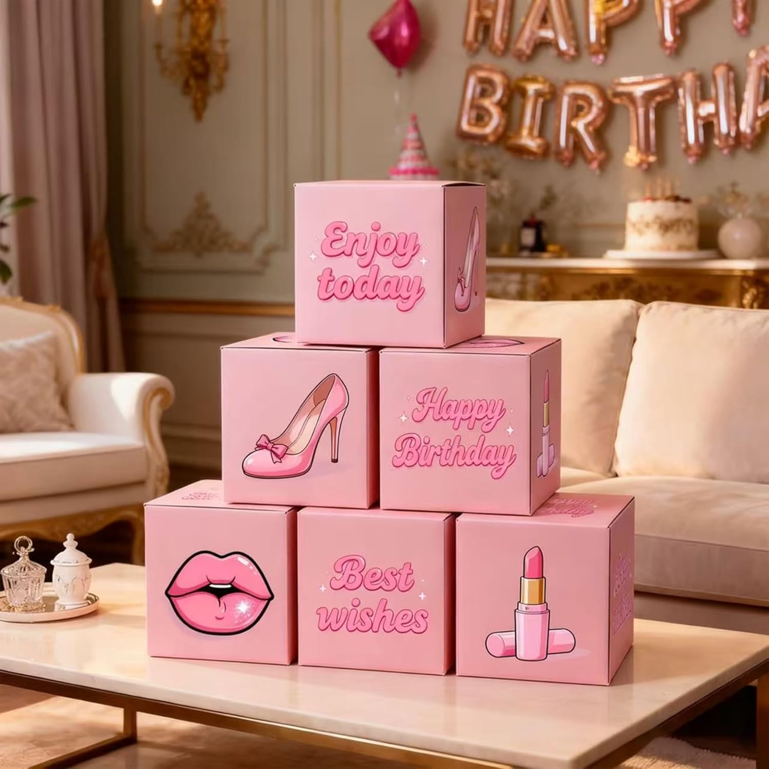ZLWanju Pink Birthday Balloon Alternative Cubes - Happy Birthday Banner & Party Decorations for Women/Girls, Princess Birthday Party Supplies for 18/21/30/50th Birthday