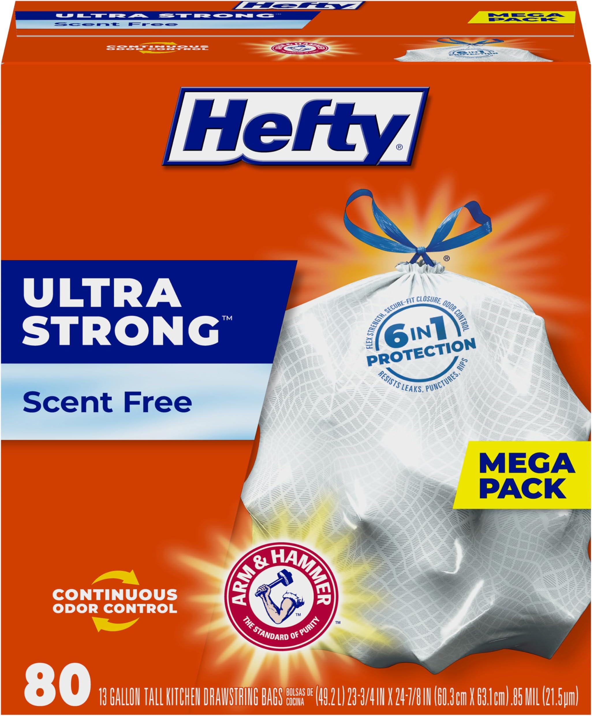 Hefty Ultra Strong Trash Bags (Scent Free, Tall Kitchen Drawstring, 13 Gallon, 80 Count) by Hefty