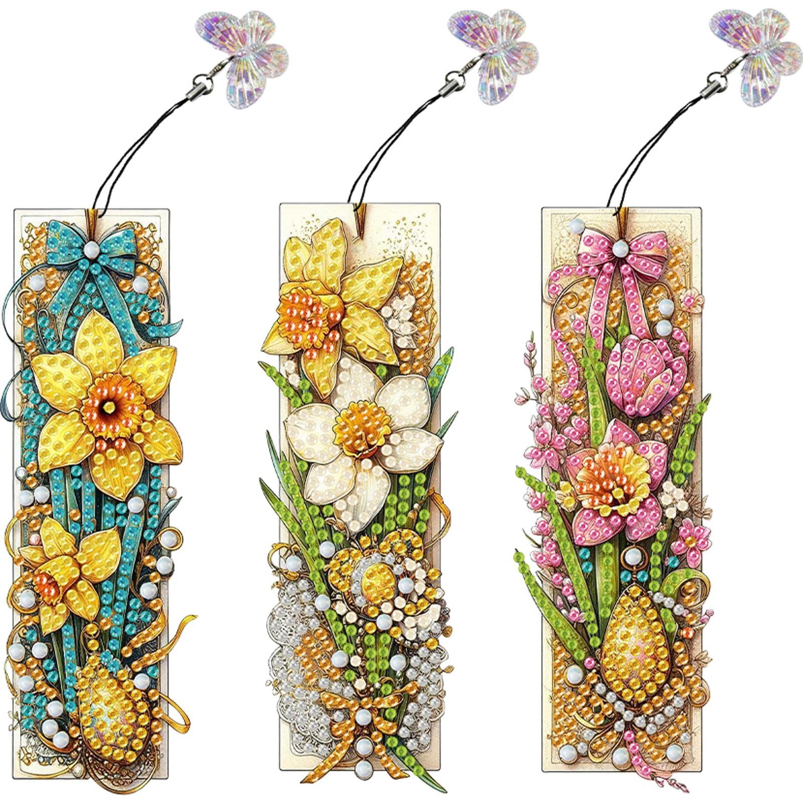 Poetrydraw Multicolor 3Pcs Special Shaped Flowers Plants 5D Diy Diamond Art Book Mark Diy Diamond Bookmark With Crystal Pendant For Reading Lover
