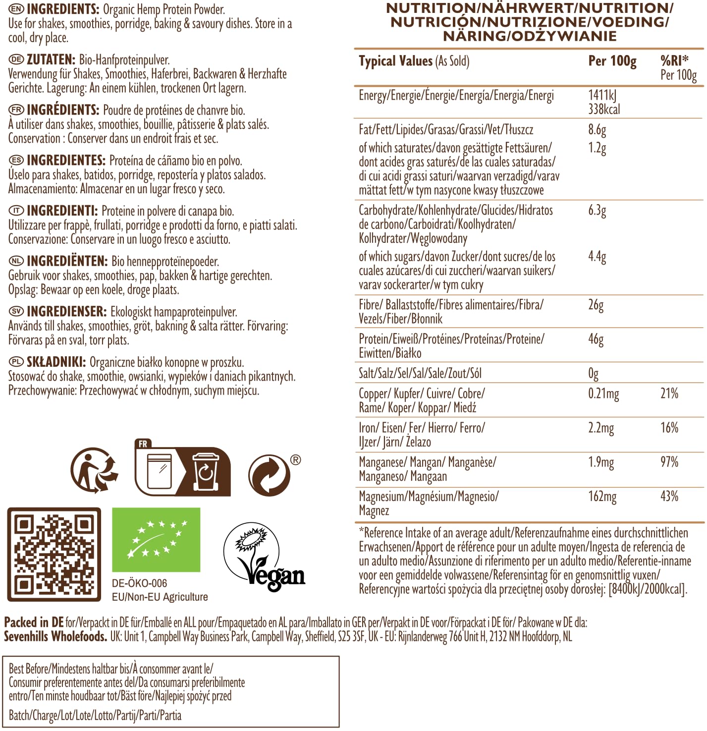 Sevenhills Wholefoods Proteína De Cáñamo Cruda En Polvo Orgánico 3kg