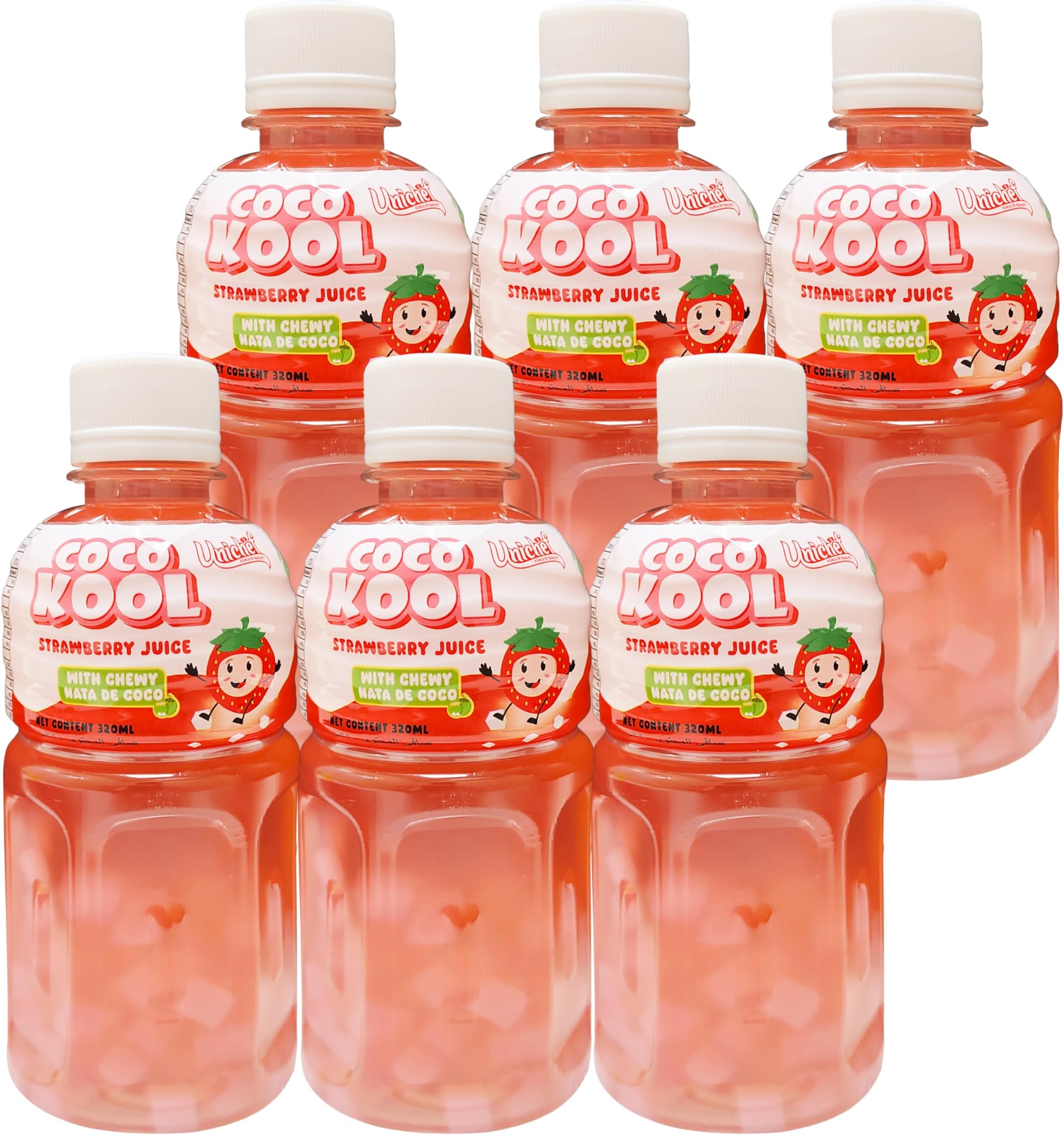 Coco Kool (Pack of 6)- Strawberry fruit Juice with Nata De Coco (Coconut Jelly) 320 ML| Sugar Free - Suitable for Adults & Kids.