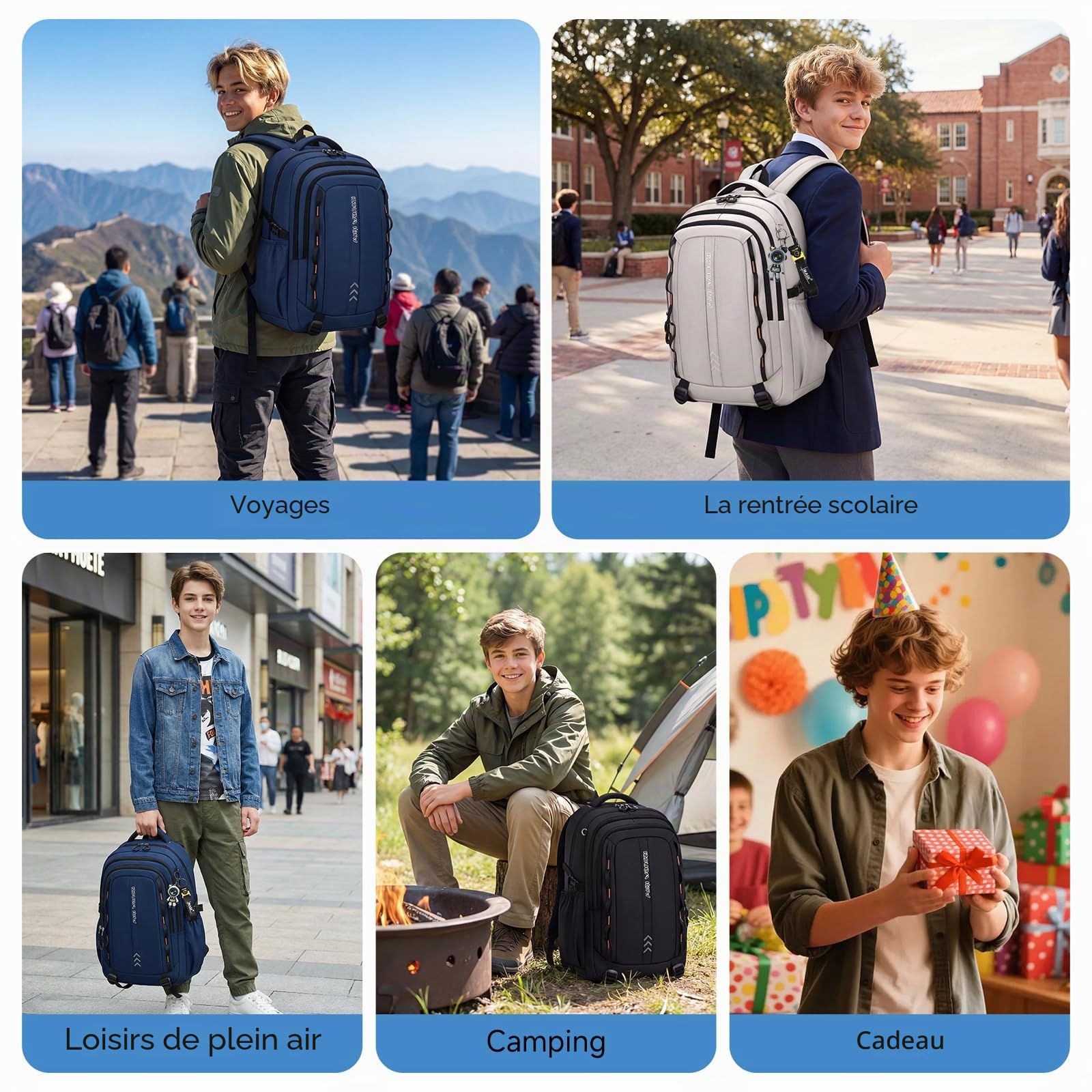 Amythe Sac à Dos Garçon Collège - 36L Imperméable et Léger, Bleu