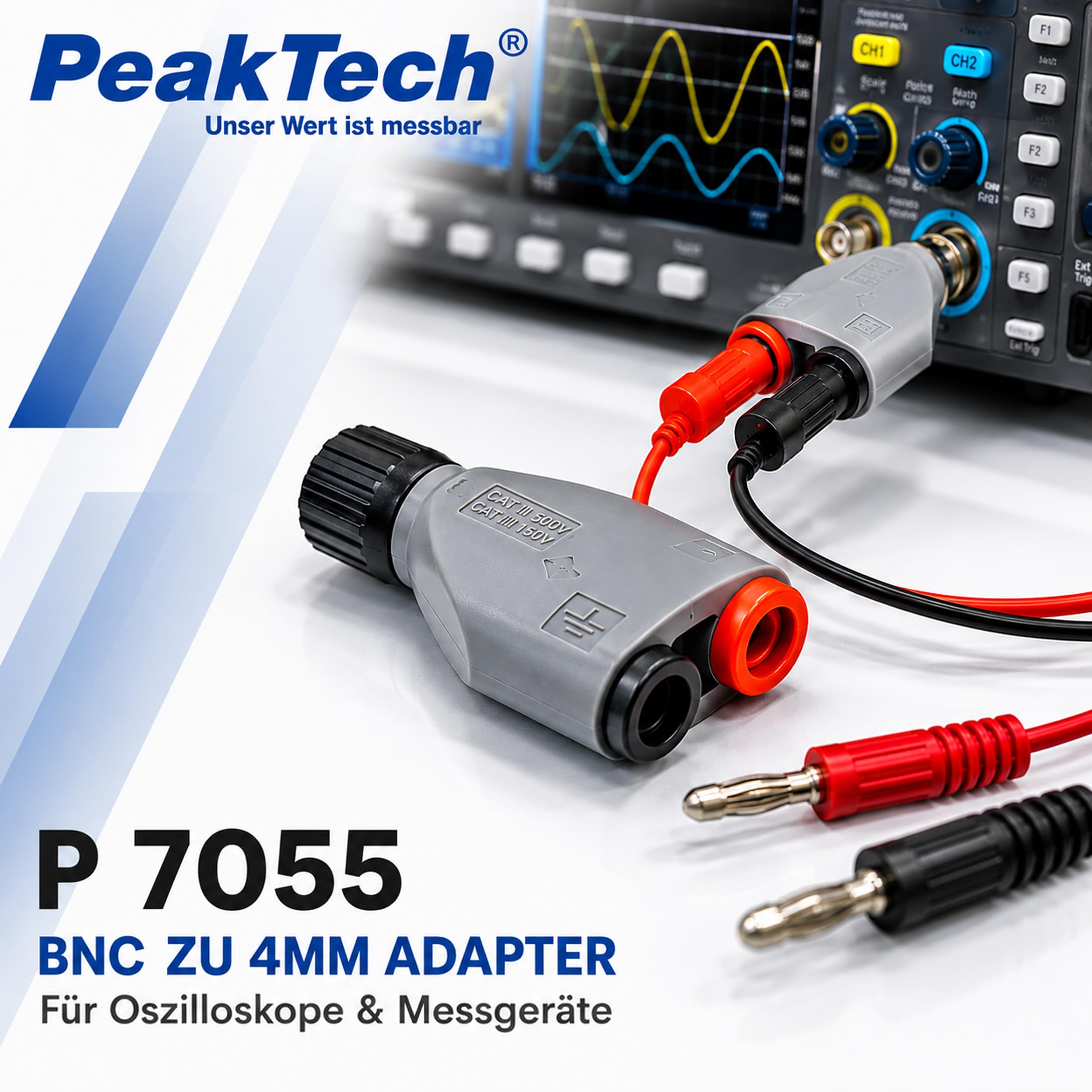 PeakTech 7055 - BNC zu 4mm Adapter Stecker für Oszilloskope, berührungssicher