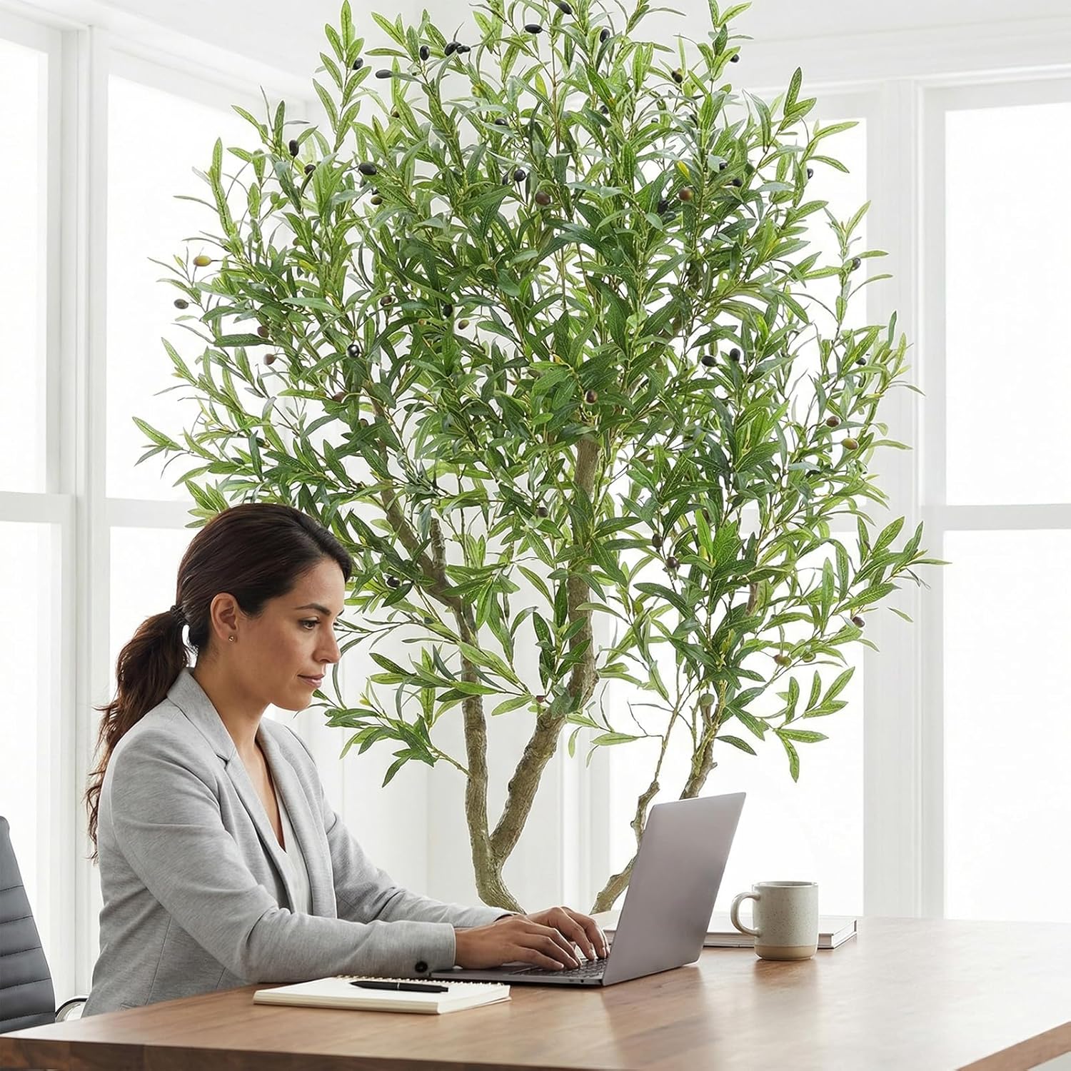 Olive Trees Artificial Indoor 7FT Tall Faux Olive Plants Silk Plant with White Planter, Artificial Plants Home Office Decor, Fake Olive Trees with Lifelike Fruits for Bedrooms Living Room
