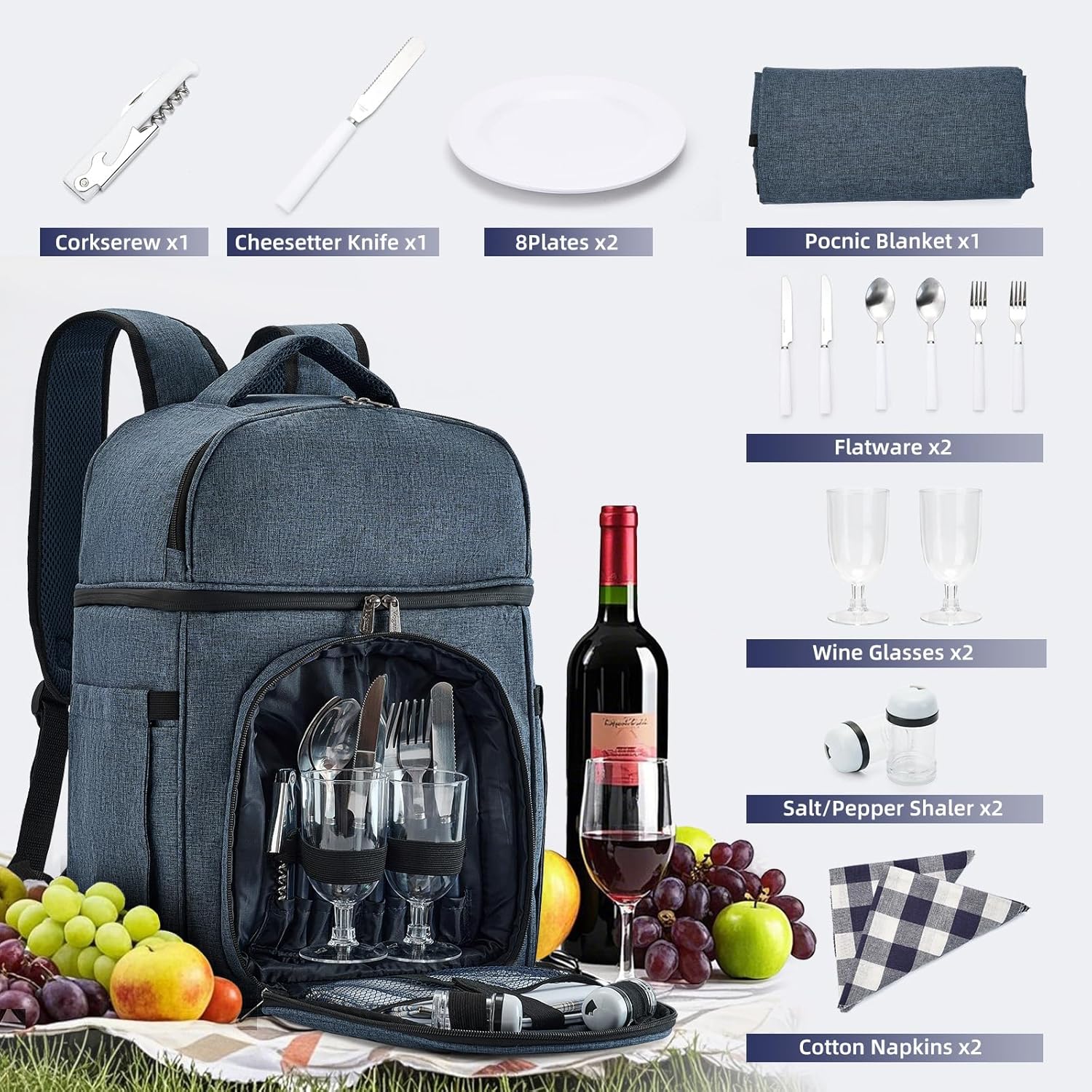 Picnic Backpack & Accessories – Insulated Picnic Set for 2 Person with Dual Compartments, Lightweight Blanket, Cutlery Set, for Newlyweds and Couples Gifts Blue