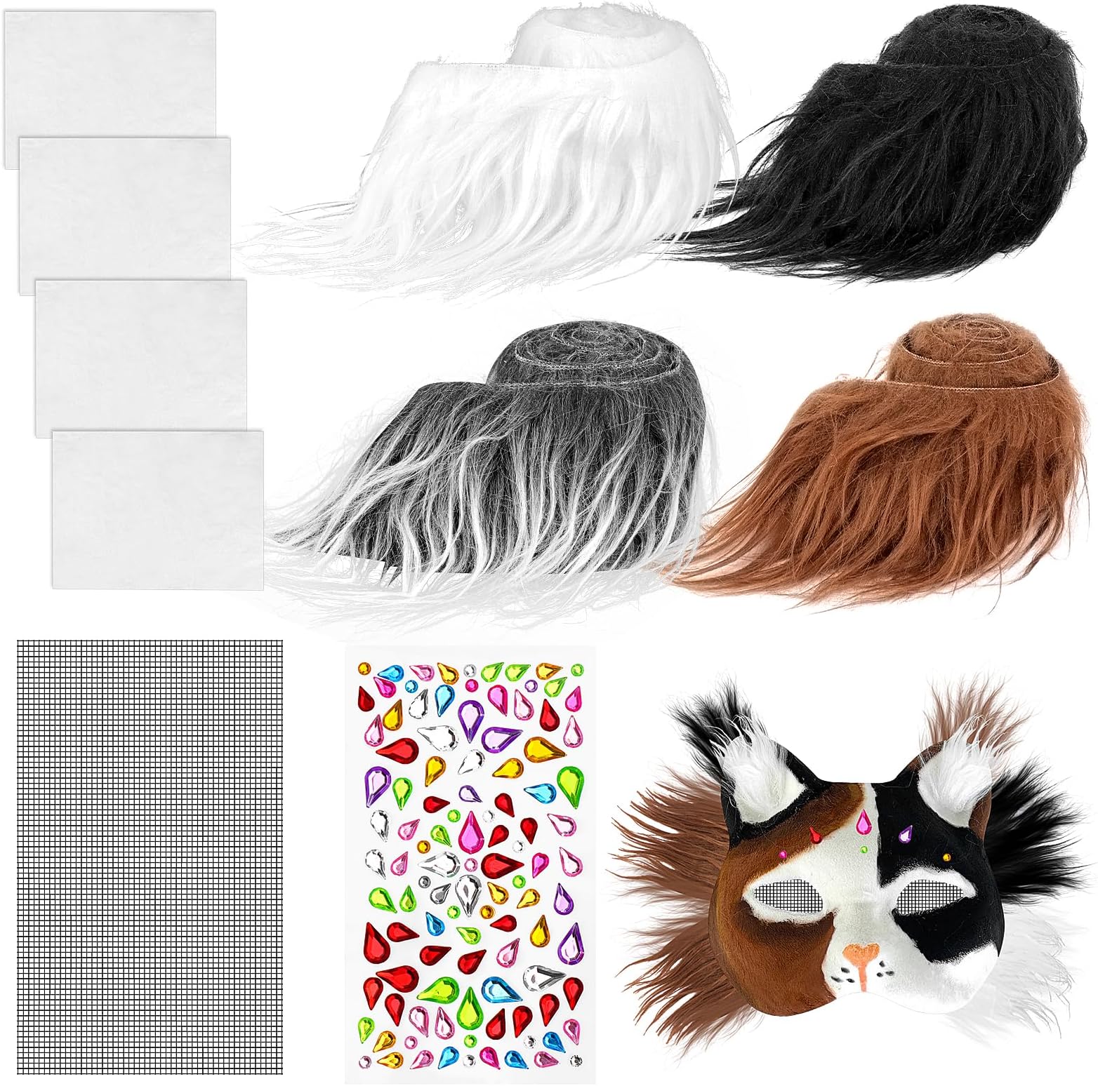 Dreamtop Therian Cat Mask Kit with 4 Pcs Faux Therian Mask Fur and Self Adhesive Felt Sheet with Furs Eye Meshes and Gem Sticker to Paint DIY Cat