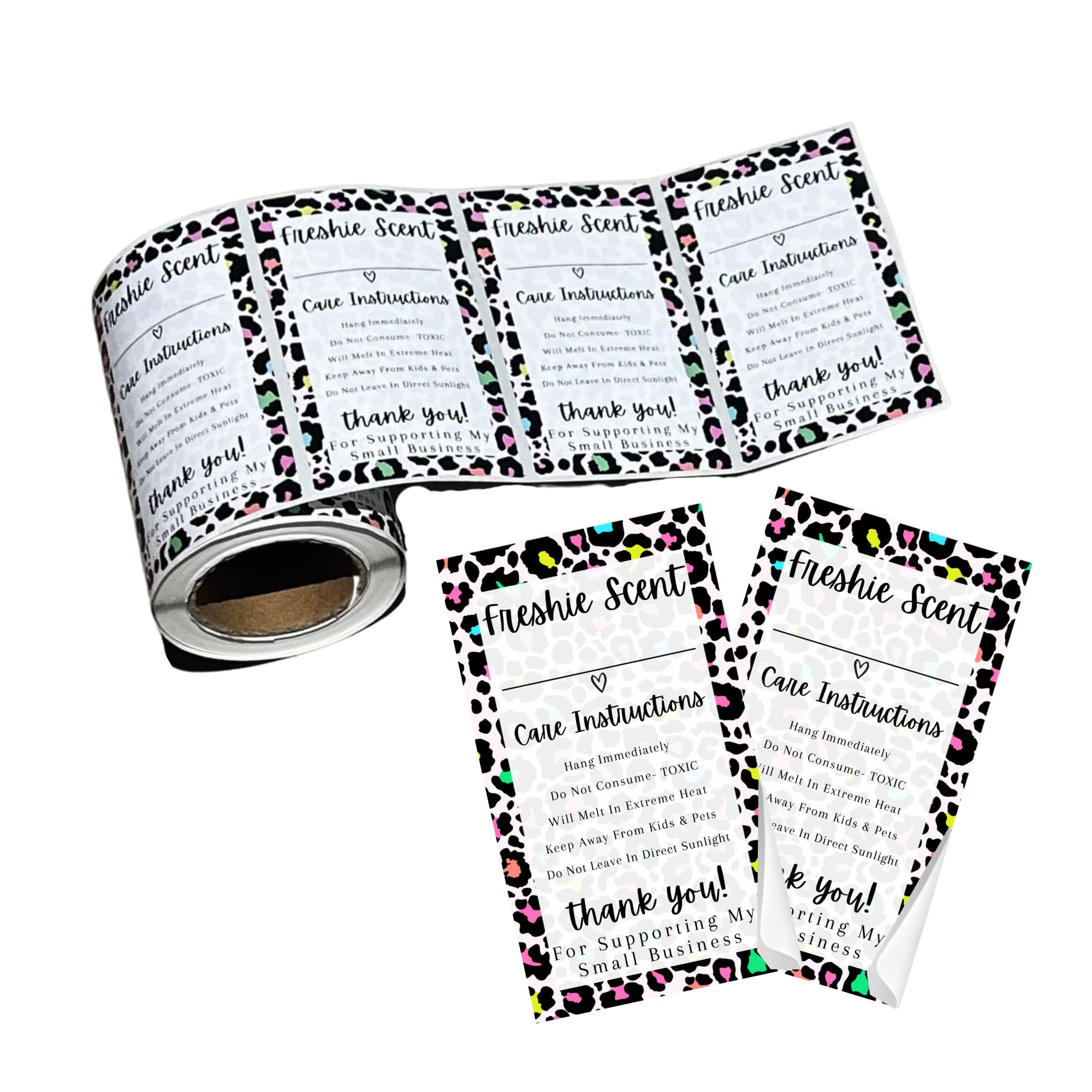 Freshie Warning Care Instruction Card Stickers | 200 Sticker Roll | 2x3.5” Write in Your Scent Line Rainbow Leopard Pink for Scented Bead Molds Aroma