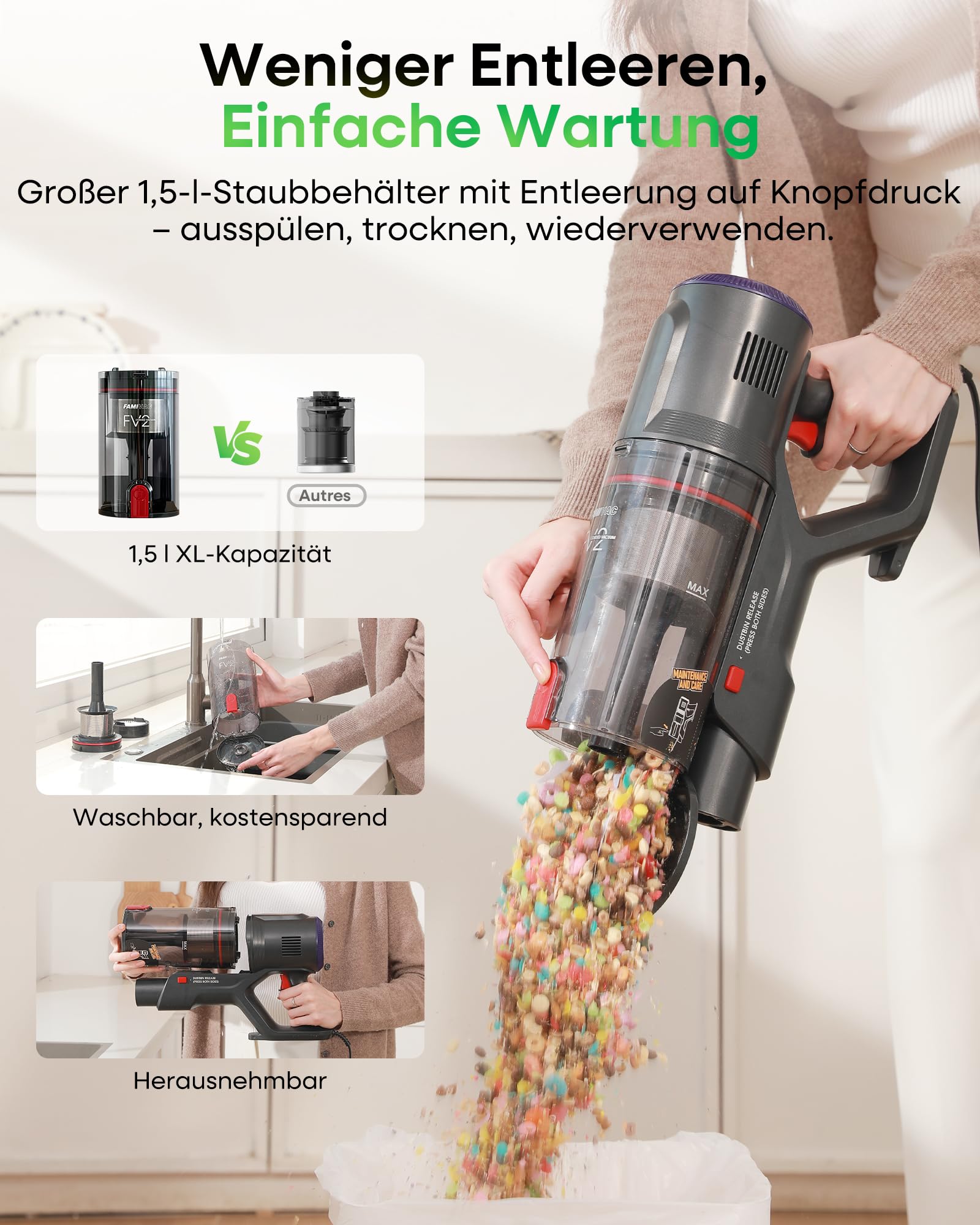 FAMIVAC FV2 Staubsauger mit Kabel, 65Kpa/600W Staubsauger Beutellos mit Matratzenbürste, 1,3KG Leichtgewicht, 7M Kabel,1,5L, Selbststehend, Anti-Tangle-Bürste für Teppich/Boden/Tierhaare