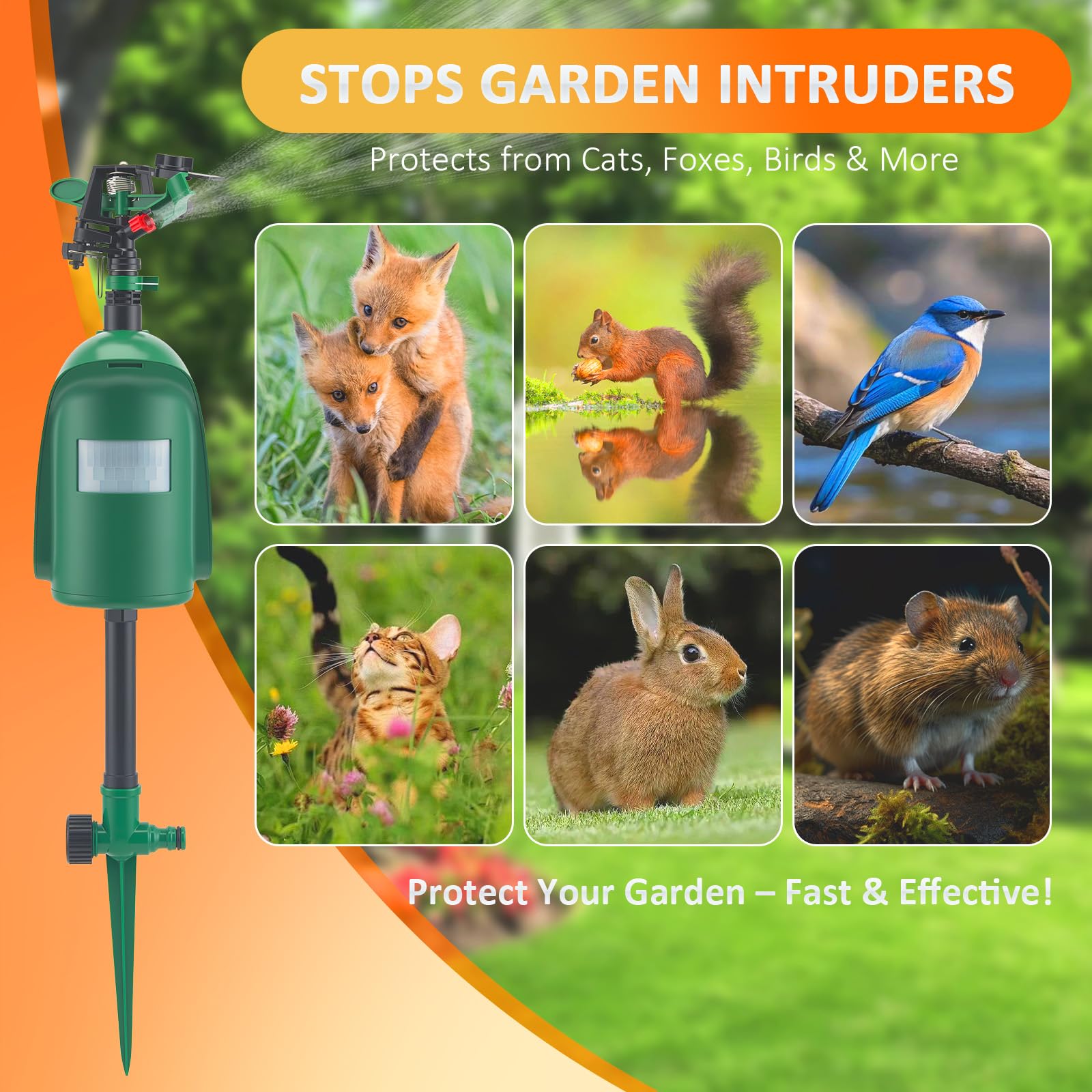 Dissuasore per gatti a 360°, con getto d'acqua,sensore PIR fino a 10 m, dissuasore a 360°, per gatti, martore, uccelli e procioni, repellente umano per giardino e laghetto