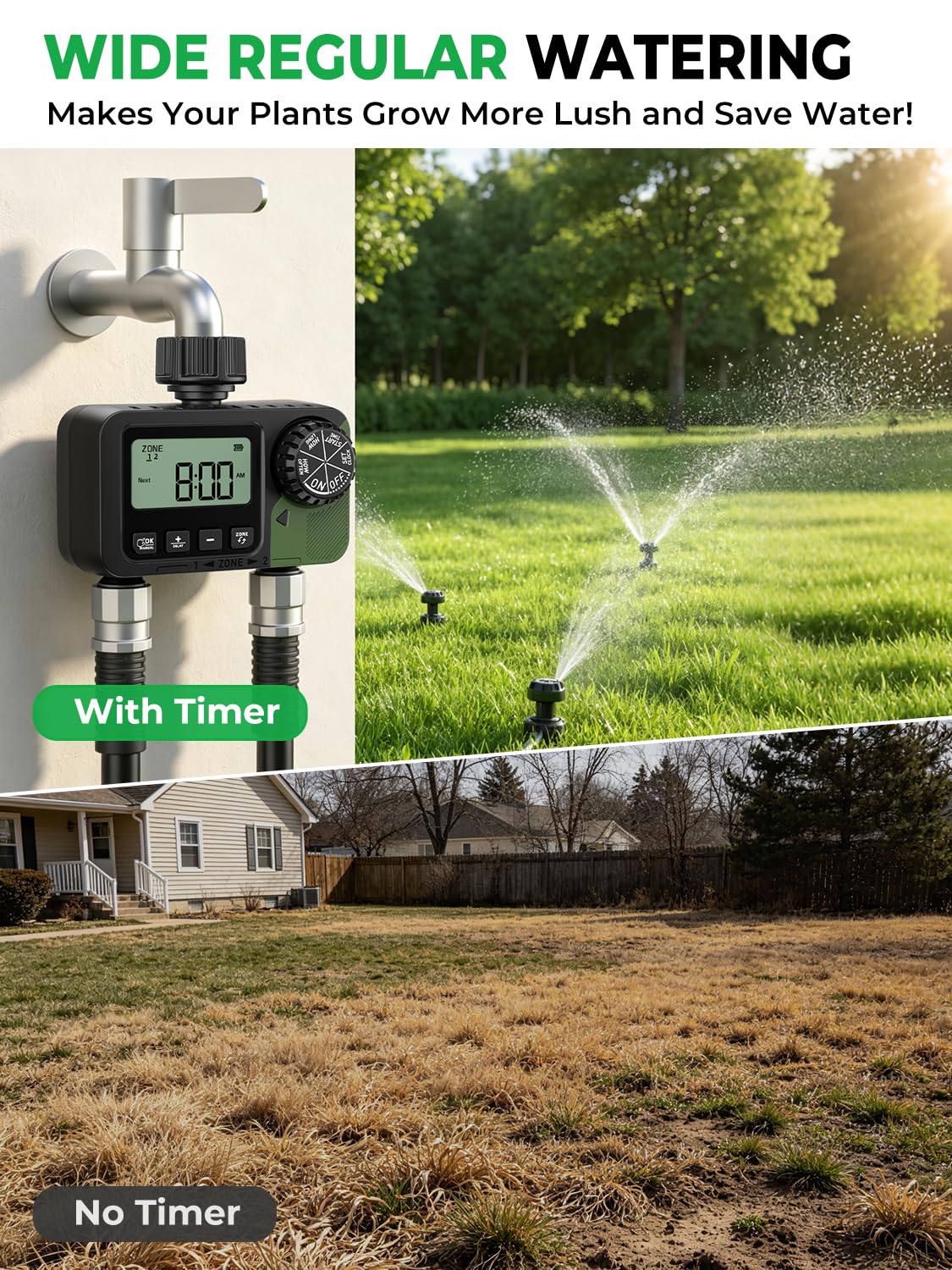 Temporizador de aspersor de 2 tomas, temporizador programable de manguera de agua con retardo de lluvia/sistema de riego manual/automático, riego automático digital al aire libre para jardín, patio