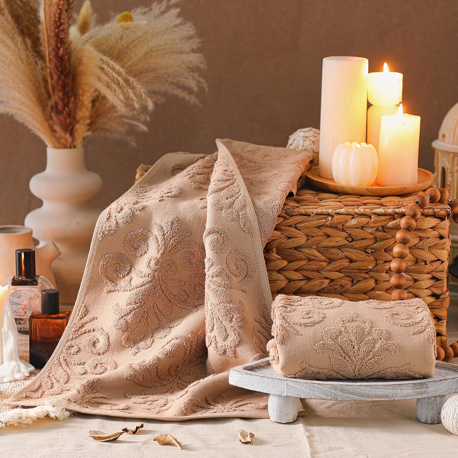 2 Pcs Quality Floral Jacquard Hand Towels Set for Bathroom Brown Hand Towels 100% Cotton Absorbent Decorative Weave Bath Decor Neutral Bathroom Decor Gift, 13.7 x 29.5 Inch - Image 3