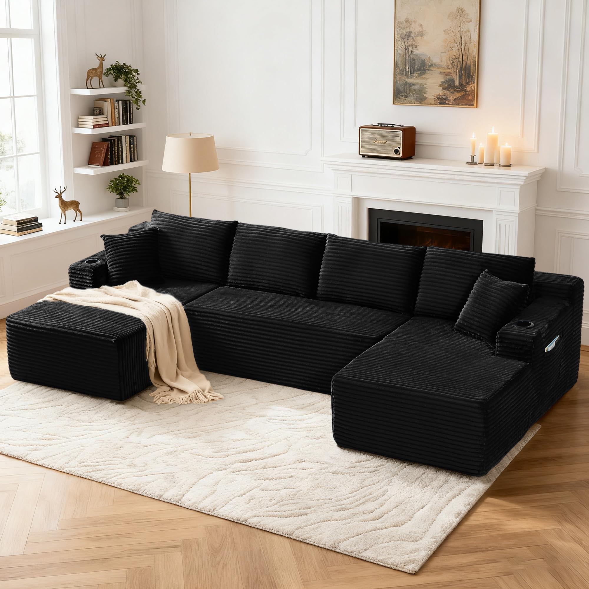 Tmsan 133.5" Black Boneless Sectional Sofa Couches for Living Room, Oversized U Shaped Cloud Modular Set with Cup Holders & Side Pockets & Deep Seat,
